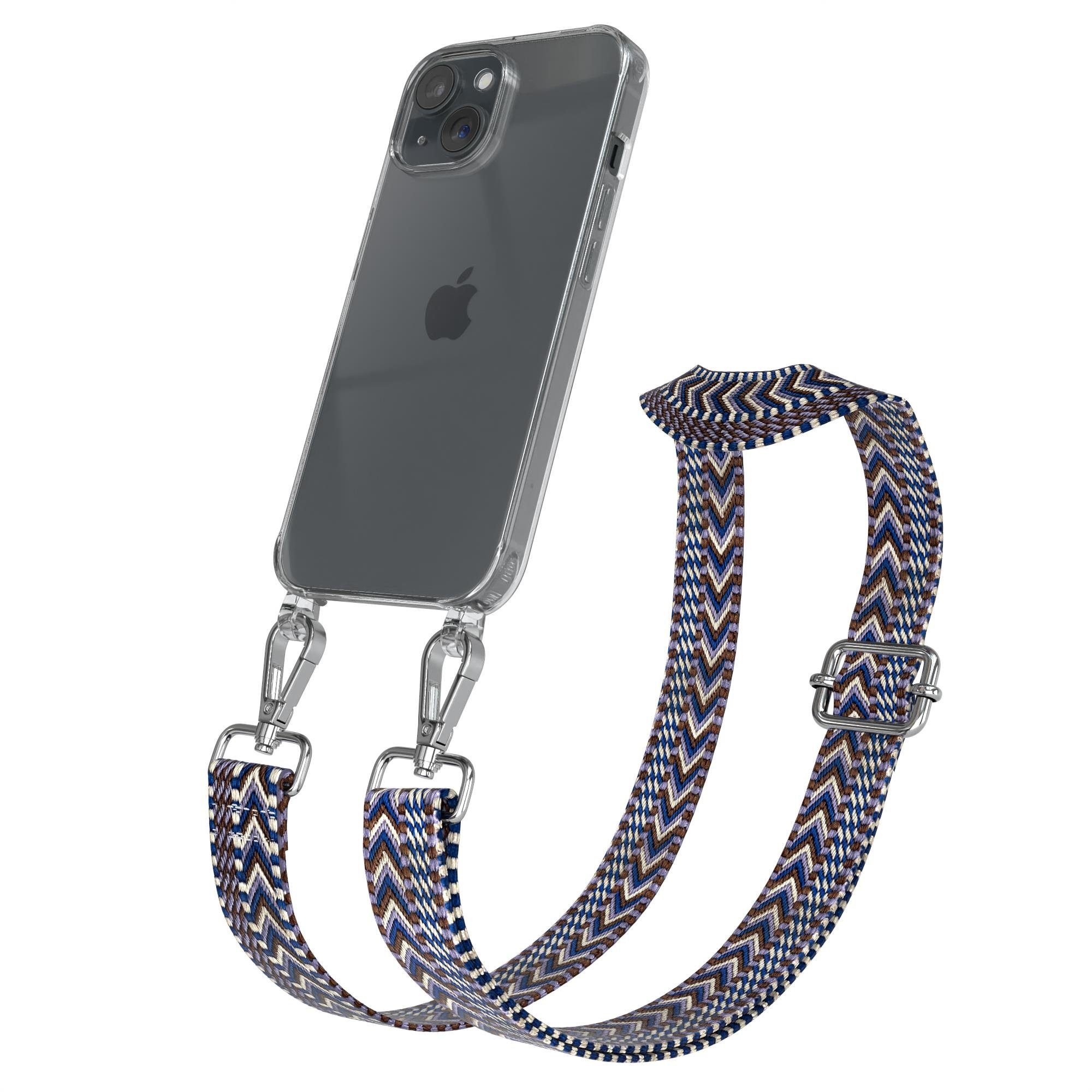 EAZY CASE Handykette Silikonhülle mit runder Kette für Apple iPhone 15 6,1 Zoll, Handyband zum Wechseln geflochtenes Taschenband Festivalbag Boho Blau