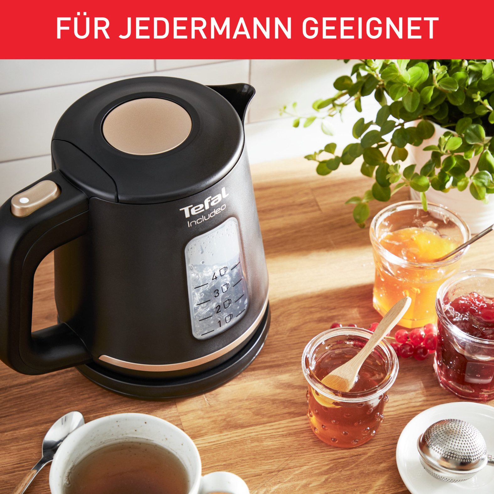 Tefal Wasserkocher KI5338 Includeo, 1 l, 2400 W, Anti-Rutsch-Griff, Wasserstandsanzeige, herausnehmbarer Filter