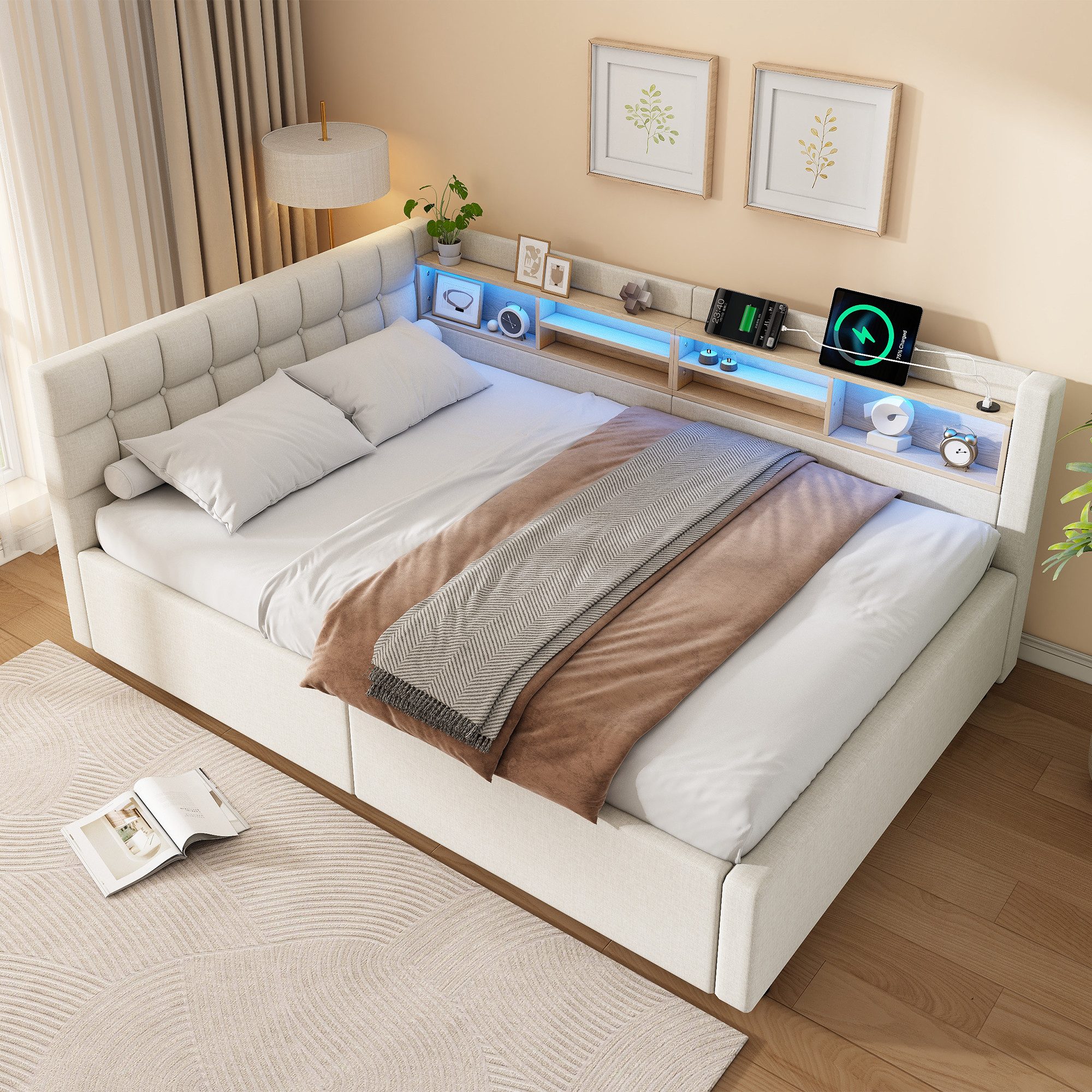 Merax Daybett mit LED-Beleuchtung & USB-Anschluss, Polsterbett mit Leinenbezug (Schlafsofa Jugendbett, 1 tlg), Tagesbett 140x200cm mit hydraulischem Stauraum &  – Bild 2 von 5
