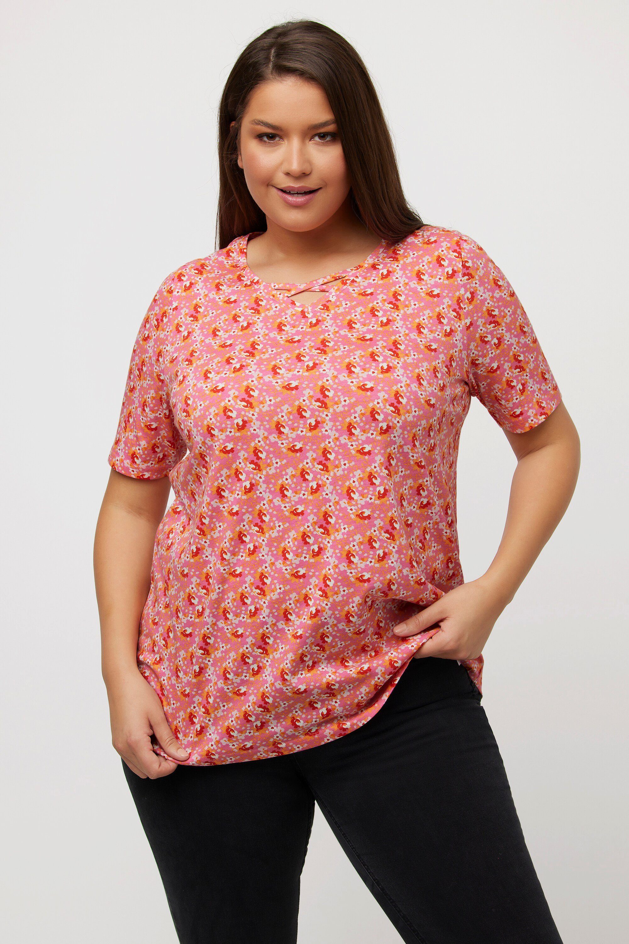 Ulla Popken Rundhalsshirt T-Shirt Blumen A-Linie V-Ausschnitt Halbarm rosa