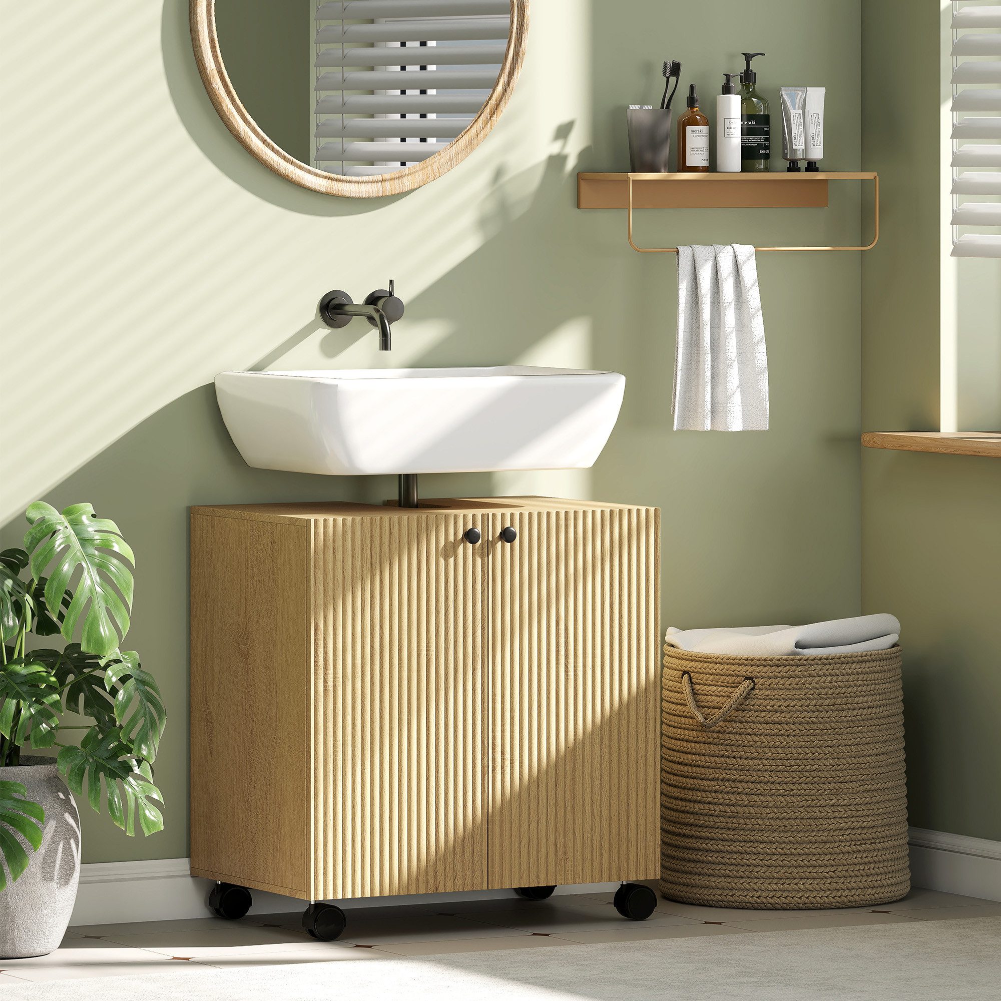 HOMCOM Waschbeckenunterschrank Waschtischunterschrank, Badschrank mit Rolle, Soft-Close Türen (Badezimmerschrank, 1-St., Unterschrank) für Badezimmer, Eiche