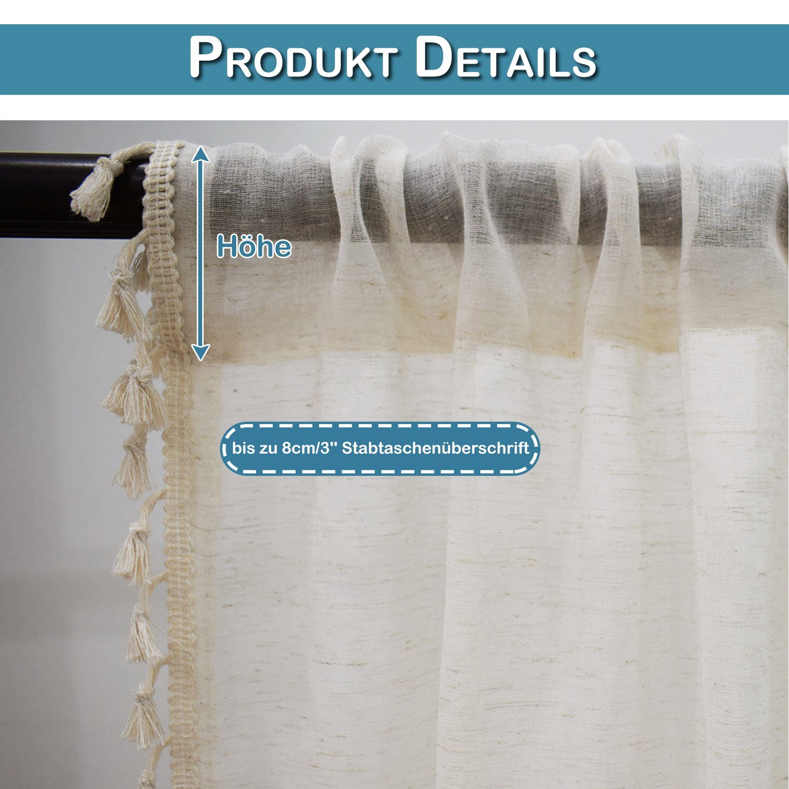 BTTO V&G Gardine Retro Vorhänge mit Quasten,Voile Gardinen Boho Vorhänge (1 St), halbtransparent, mit Stangedurchzug – Bild 5 von 5