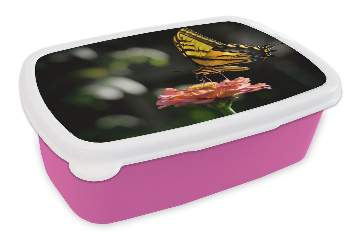 MuchoWow Lunchbox Schmetterling - Botanisch - Blume, Kunststoff, (2-tlg), Brotbox für Erwachsene, Brotdose Kinder, Snackbox, Mädchen, Kunststoff rosa
