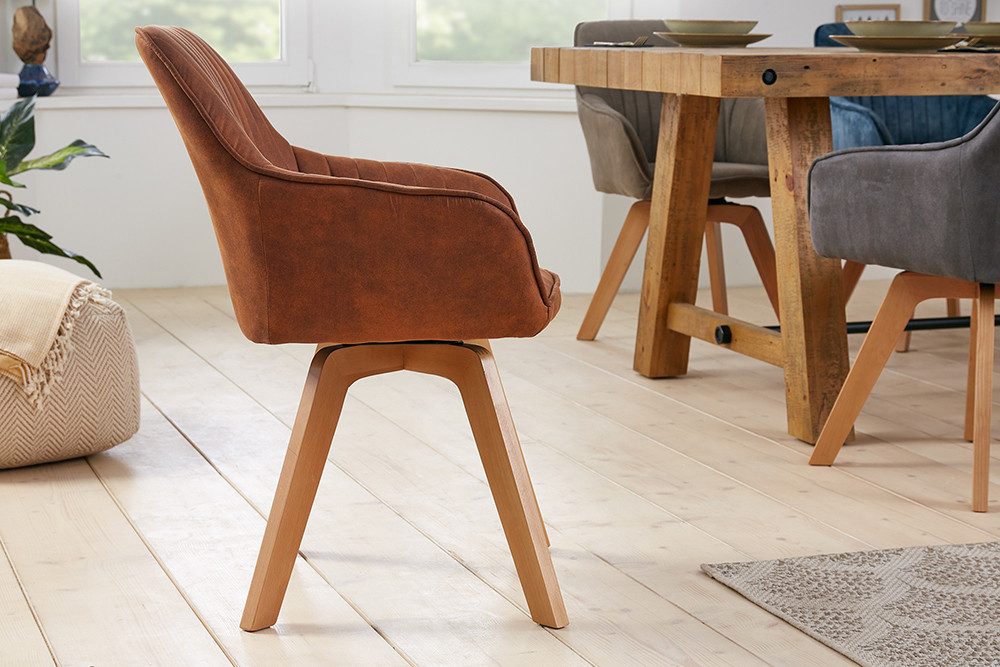 riess-ambiente Polsterstuhl LIVORNO vintage braun – Microfaser, drehbar, Holz-Beine, mit Armlehne (Einzelartikel, 1 St), mit 180° Drehfunktion und Autoreturn – ideal für Dein Esszimmer