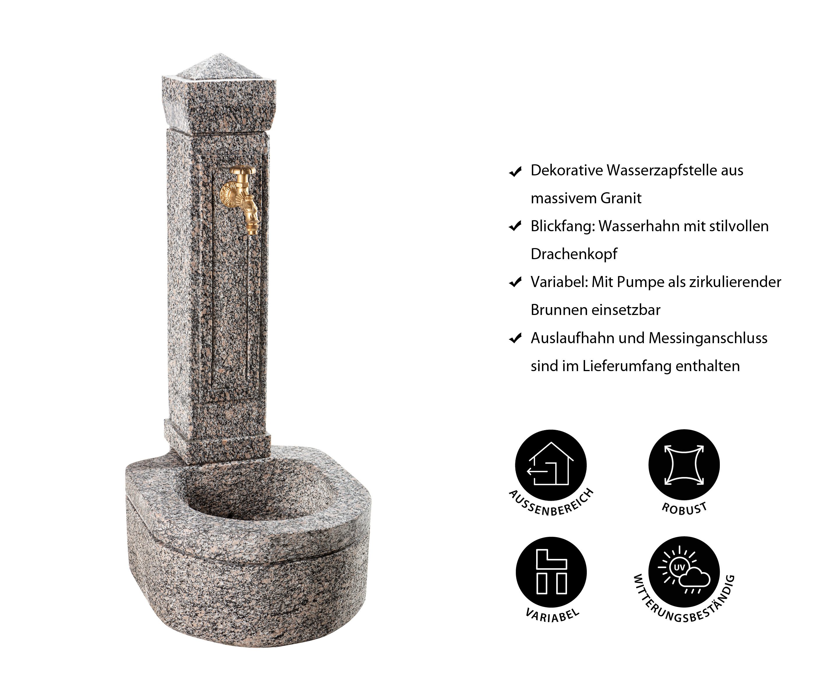Dehner Gartenbrunnen Berlin, 110 x 45 x 60 cm, Granit, 45 cm Breite, Wasserzapfzelle aus Granit mit nostalgischem Wasserhahn und Anschluss