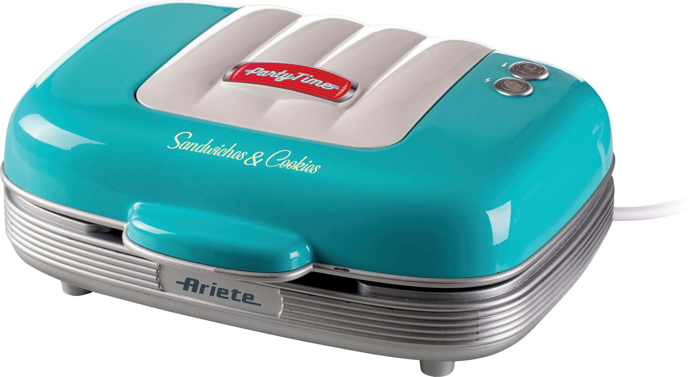 Ariete 3-in-1-Sandwichmaker Party Time 1972B, Cookie-Maker, 700 W, für Sandwiches, Muffins und Donats, blau