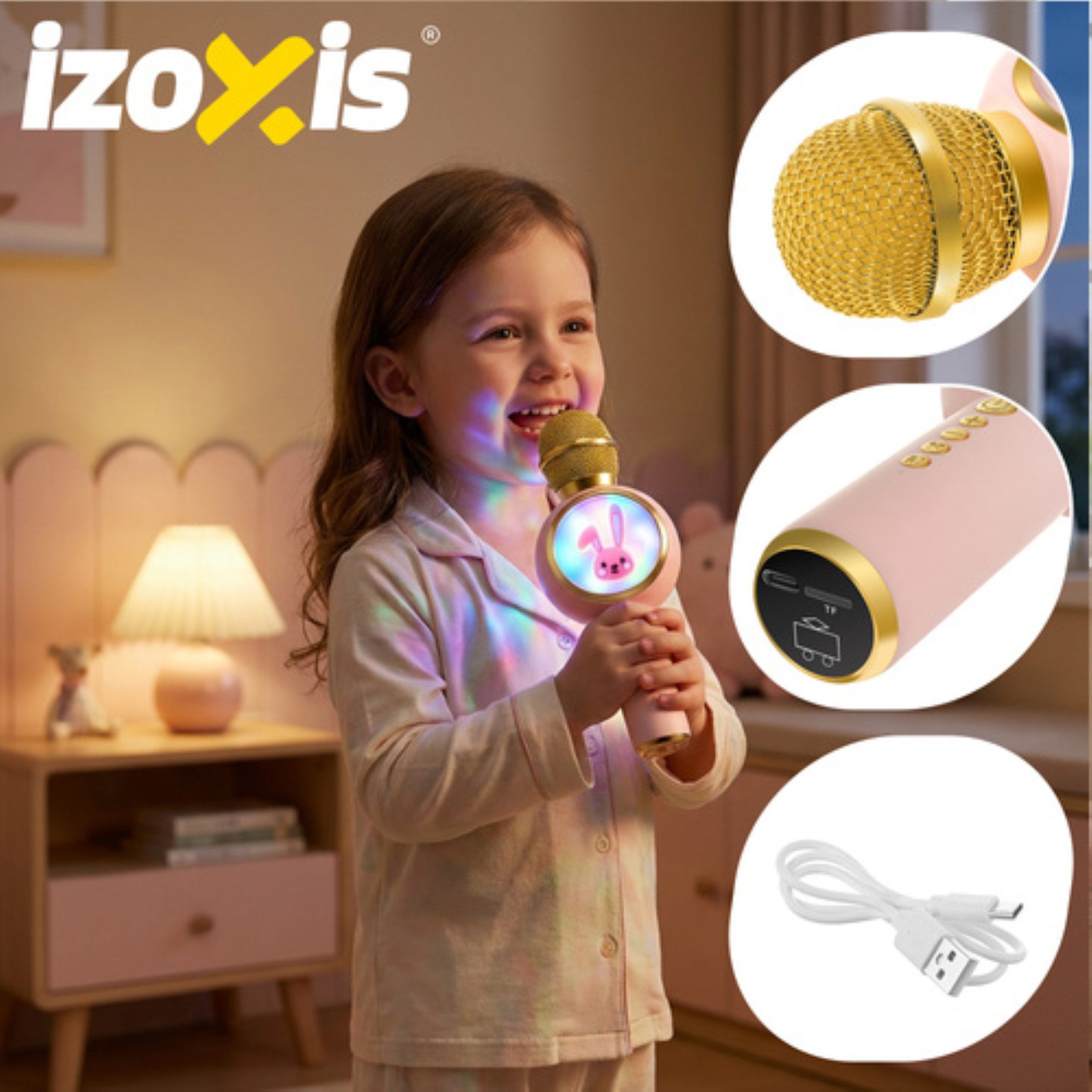 IZOXIS Mikrofon Kabelloses Bluetooth-Karaoke-Mikrofon für Kinder mit Hasenlautsprecher (Kabelloses Bluetooth-Kinder-Mikrofon Hasenmotiv, 800-mAh Akku), Kabellos, kinderfreundlich, Hasenmotiv
