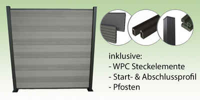 Woodstore24 Zaun Komplettset WPC Zaun Sichtschutz Steckzaun 185 x 180 cm inklusive Pfosten zum Einbetonieren / Farbe grau