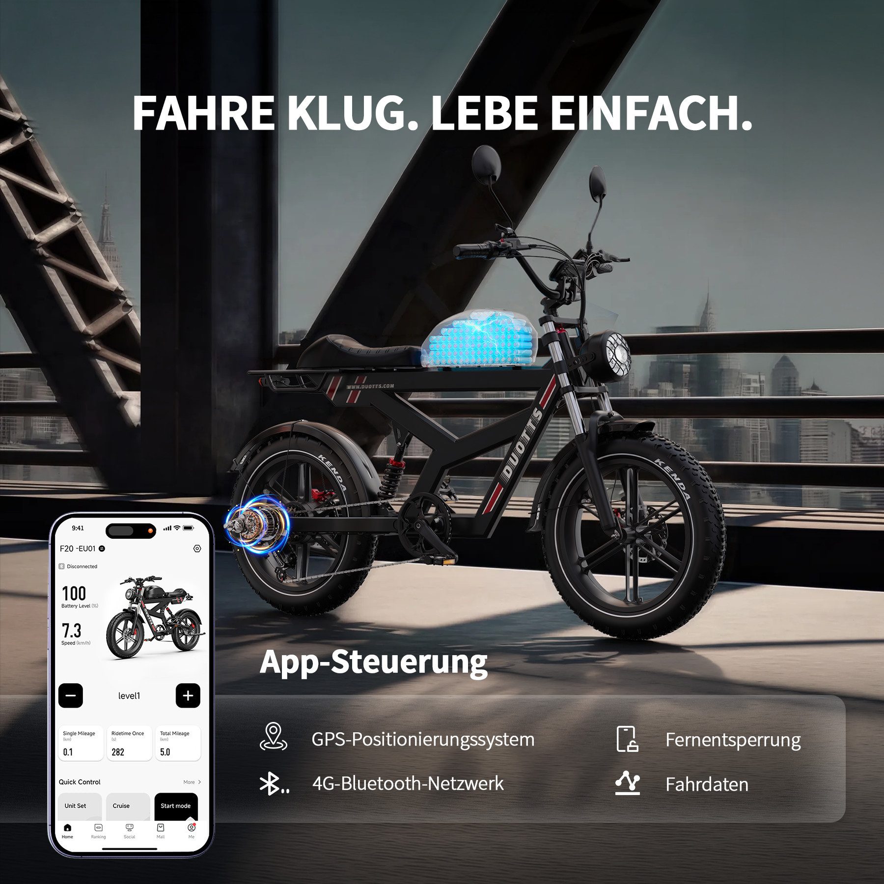 DUOTTS E-Bike Cityrad E-Fahrrad Max.140km, APP-Sicherheit 1404wh 20×4,0 Zoll Pedelec, Kettenschaltung, Heckmotor, 1404 Wh, E-Bikes mit Vollfederung, hydraulischen Bremsen & Shimano 7-Gang