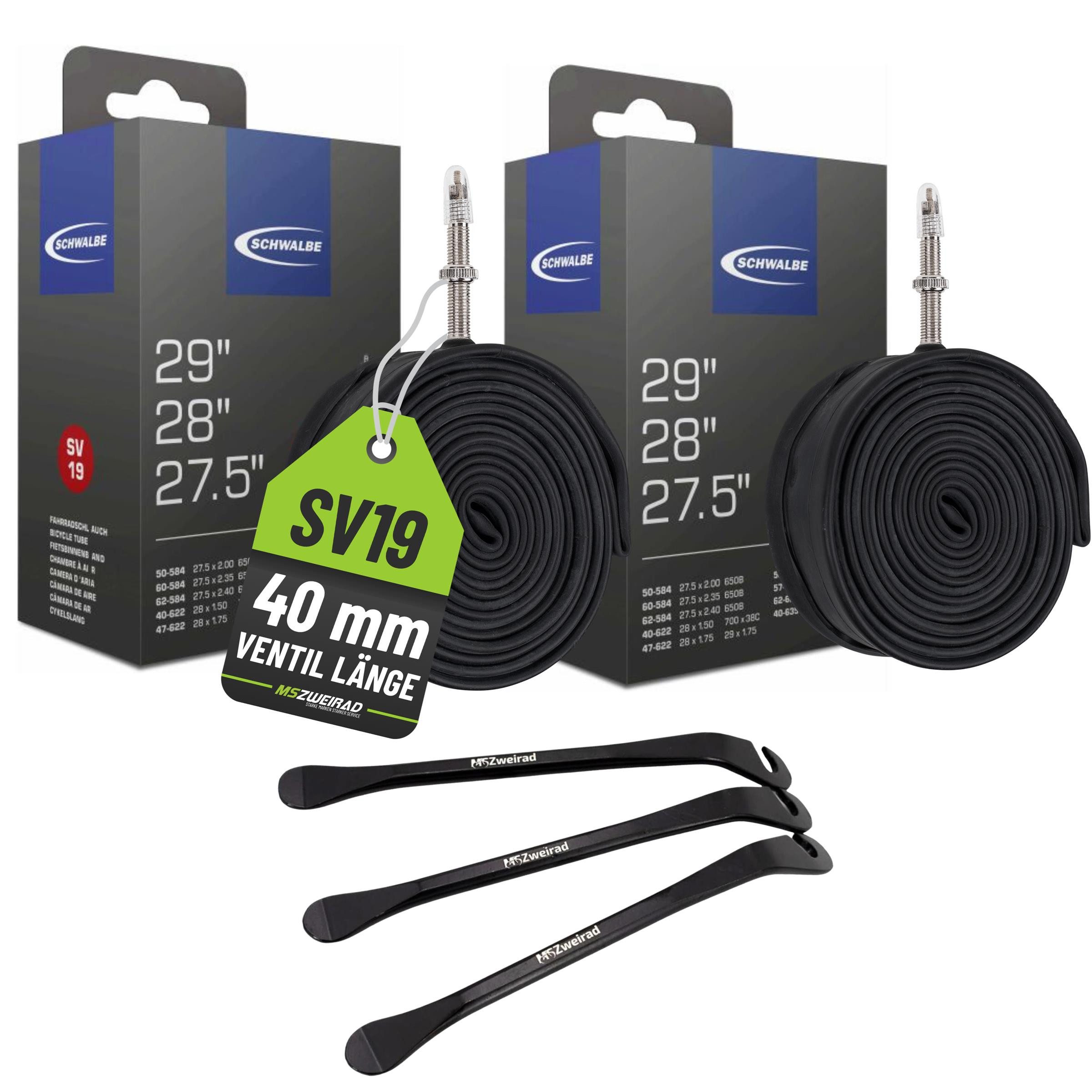 Schwalbe Fahrradschlauch 2x Schwalbe Fahrradschlauch 27,5 28 29" SV19 (40/62-584/635) + Heber