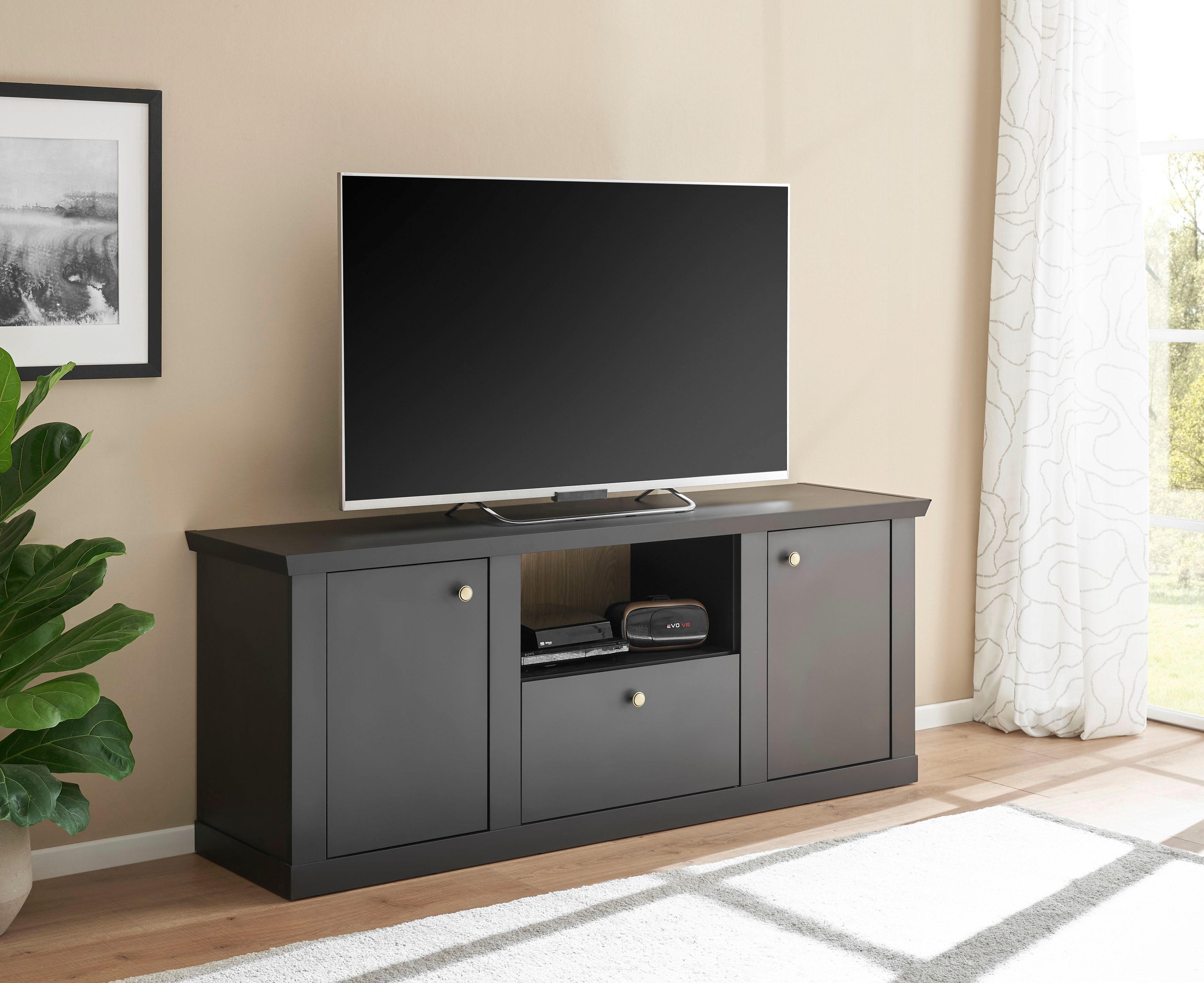 Home affaire Lowboard Lincoln, moderner TV-Schrank, schwarze Kommode, TV-Unterschrank, edles Design, messingfarbene Knopfgriffe, in 2 Größen verfügbar