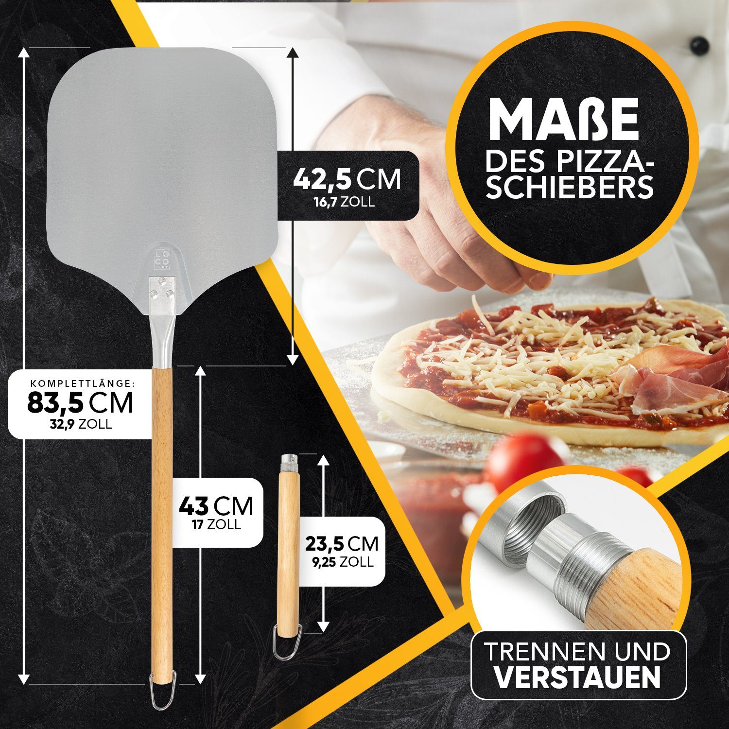 Loco Bird Pizzaschieber aus rostfreiem Aluminium, Pizzaheber mit abgerundeten Kanten – Bild 4 von 5