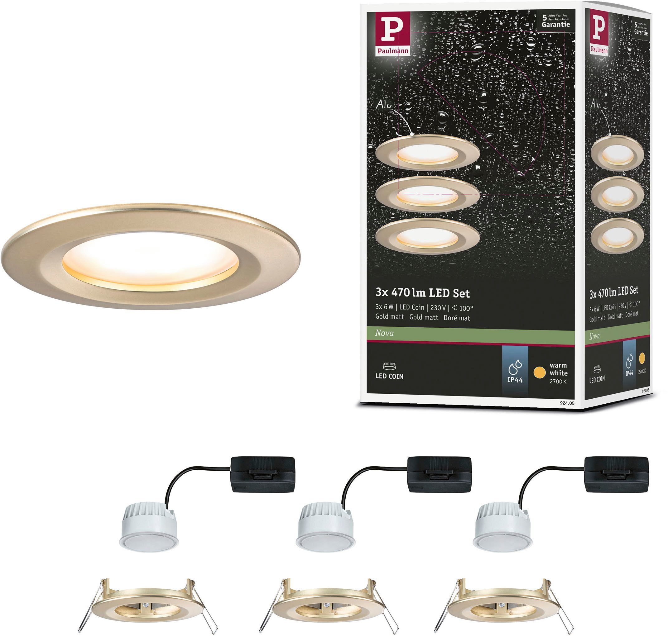 Paulmann LED Einbauleuchte LED Einbauleuchte Nova Coin IP44 rund 78mm Coin Gold matt, LED fest integriert, Warmweiß