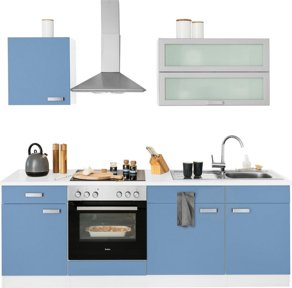 wiho Küchen Küchenzeile Husum, mit E-Geräten, Breite 220 cm, Metallgriffe