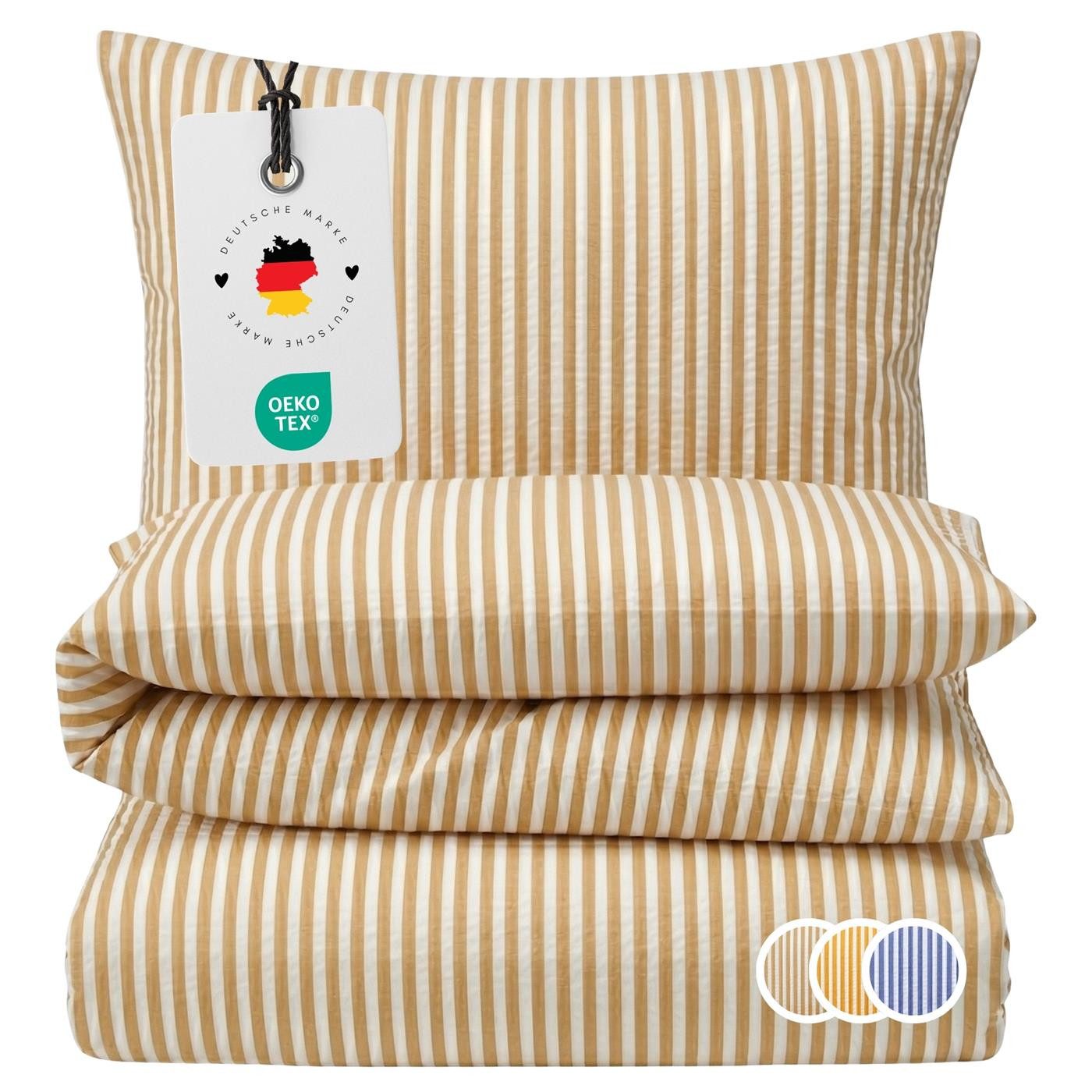 Carpe Sonno Bettwäsche Seersucker 135 x 200 155 x 220 Streifen Bügelfrei Sommer Baumwolle, Seersucker, 2 teilig, Bettbezug kühlend mit Reißverschluss & OEKO-TEX Beige Weiß 135x200