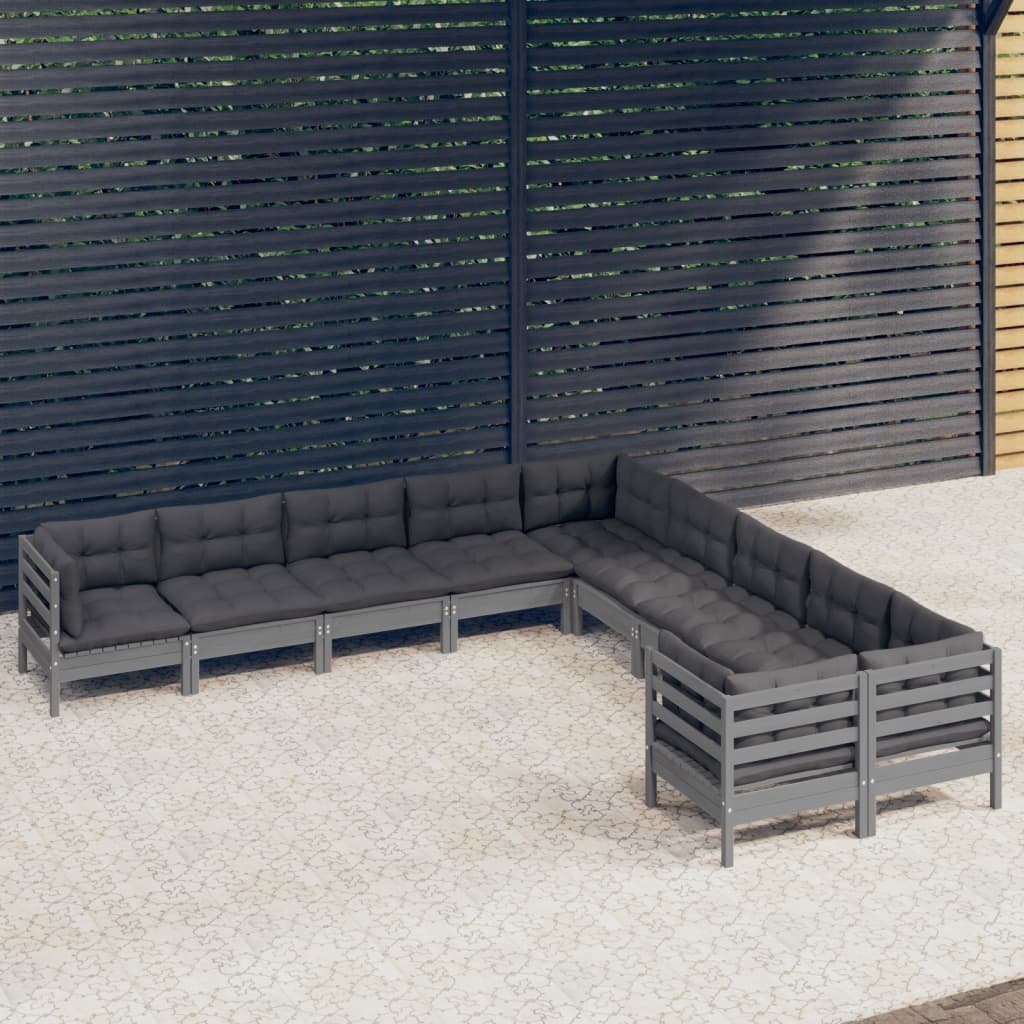 Gartenlounge-Set vidaXL (8-tlg) mit Garten-Lounge-Set Kissen 10-tlg. Grau Kiefernholz,