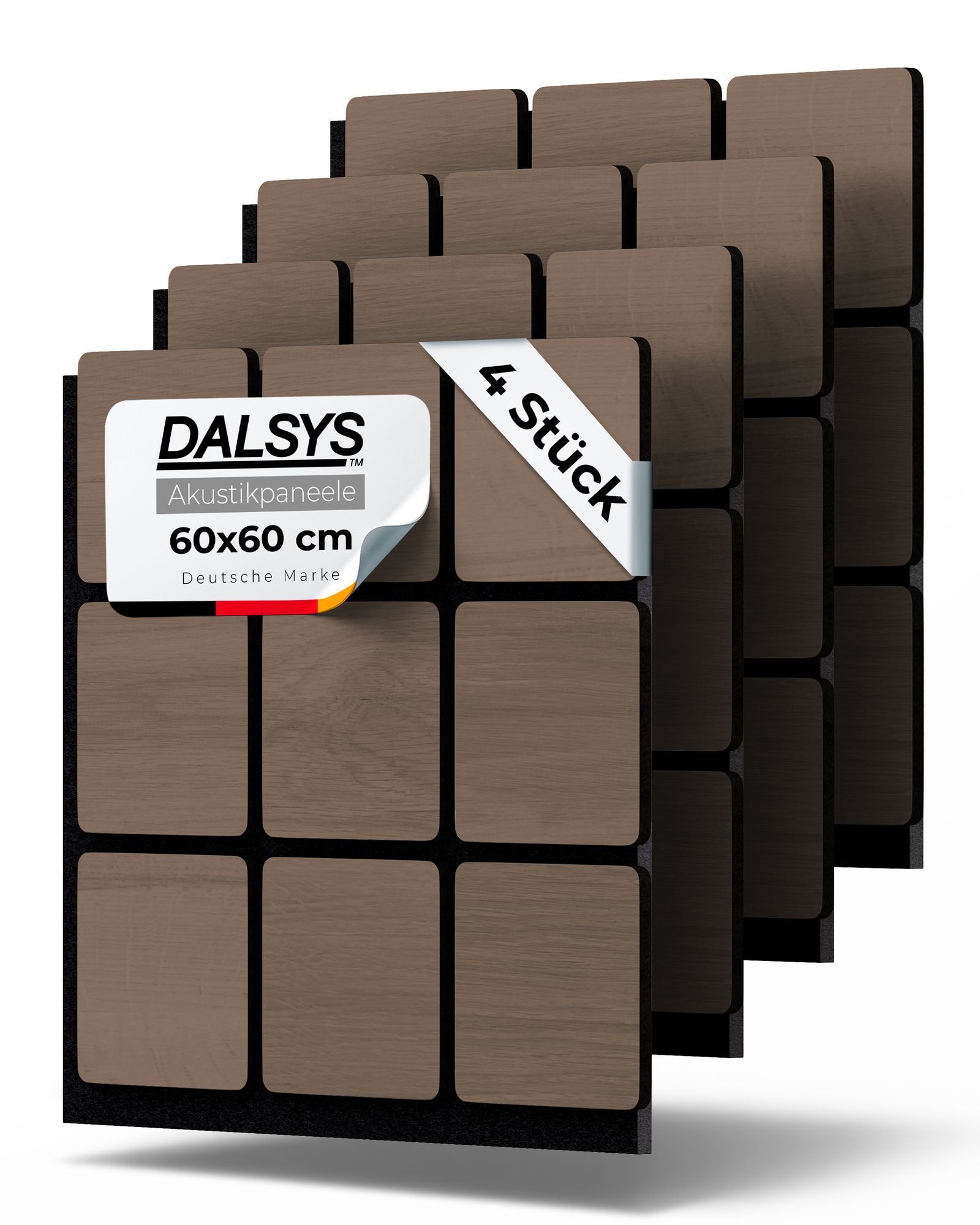 Dalsys Wandpaneel Akustikpaneele, BxL: 60x60 cm, (für Schallschutz in Arbeits- & Wohnräumen - Holzpaneele Wand, 4-tlg) Wandverkleidung innen mit 3D-Quadrat-Muster Walnuss