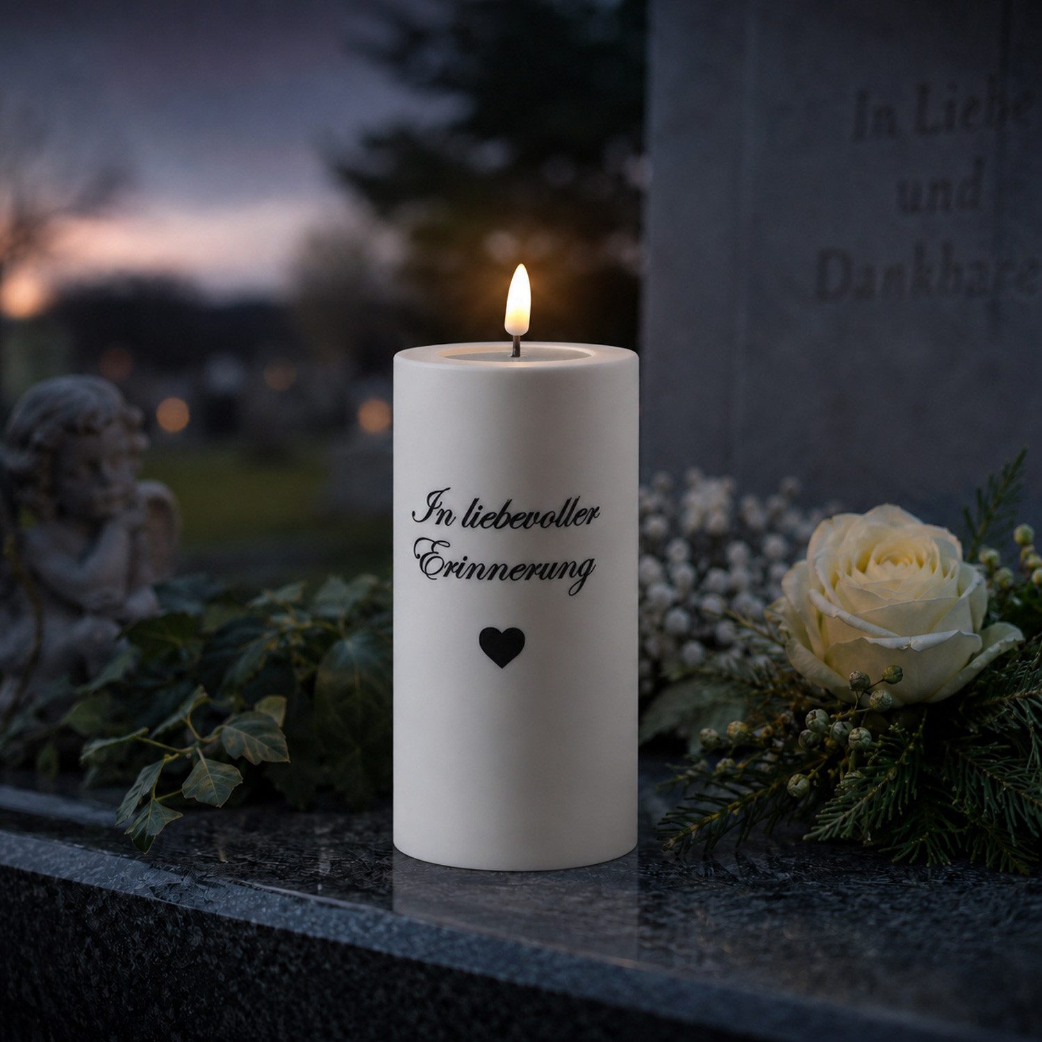 Deluxe Homeart LED-Kerze LED Grabkerze mit Schriftzug Grablicht Trauerkerze Friedhofkerze 15cm, LED Classic, warmweiß (2100K bis 3000K)