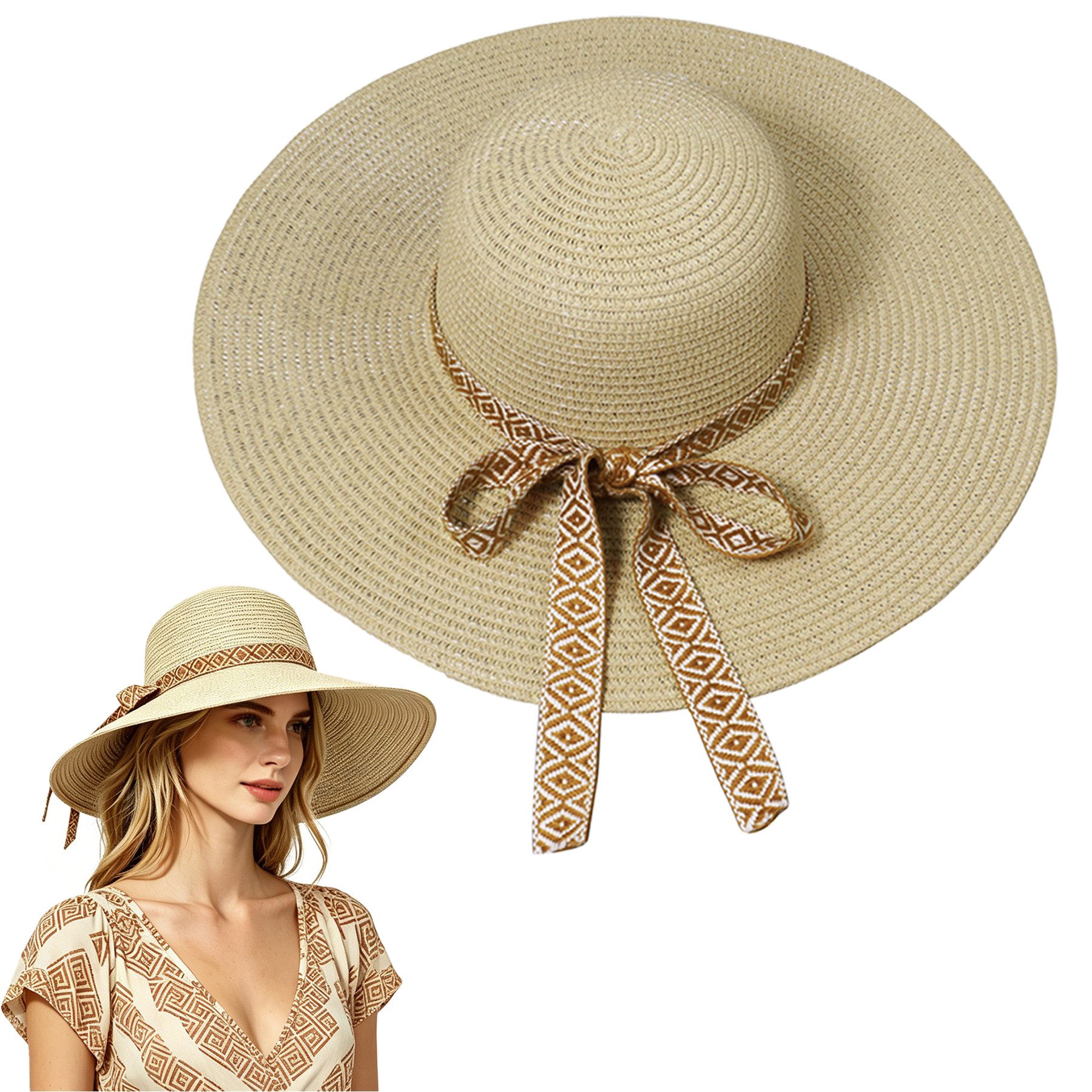Mutig Sonnenhut Strand Sonnenhut Damen, Strohhut Sommer Faltbar mit Breite Krempe (Bowknot Strohhüte Sommerhut Leicht Kappe Strand Sonnenhut UPF 50+, Groß Sonnen Shade, sonnenhüte, sonnenhüte für damen) für Strand Urlaub Reise Pool Park Camping oder Reisen ohne Formverlust