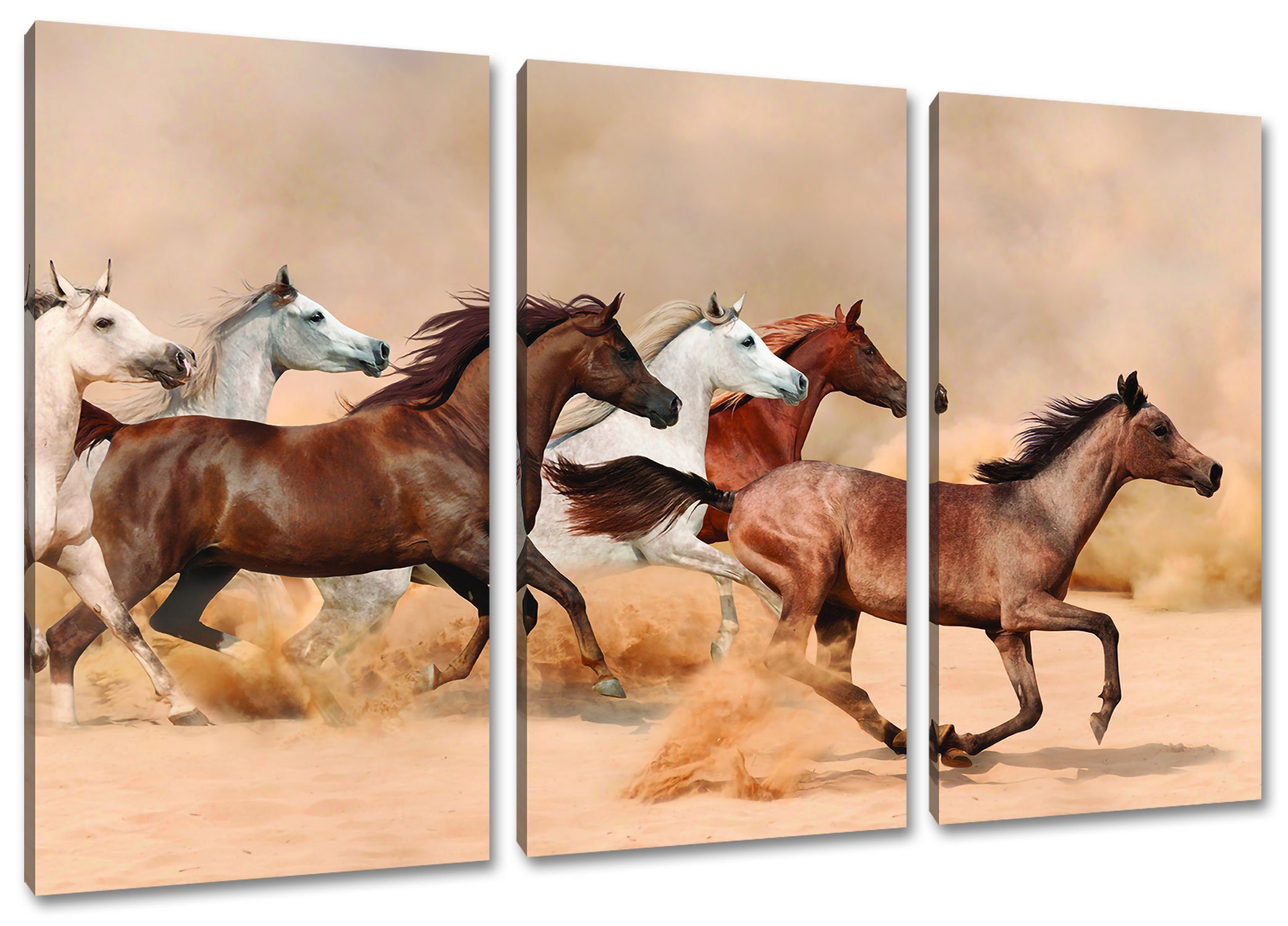 Pixxprint Leinwandbild Western Pferde in Wüste, Western Pferde in Wüste 3Teiler (120x80cm) (1 St), Leinwandbild fertig bespannt, inkl. Zackenaufhänger