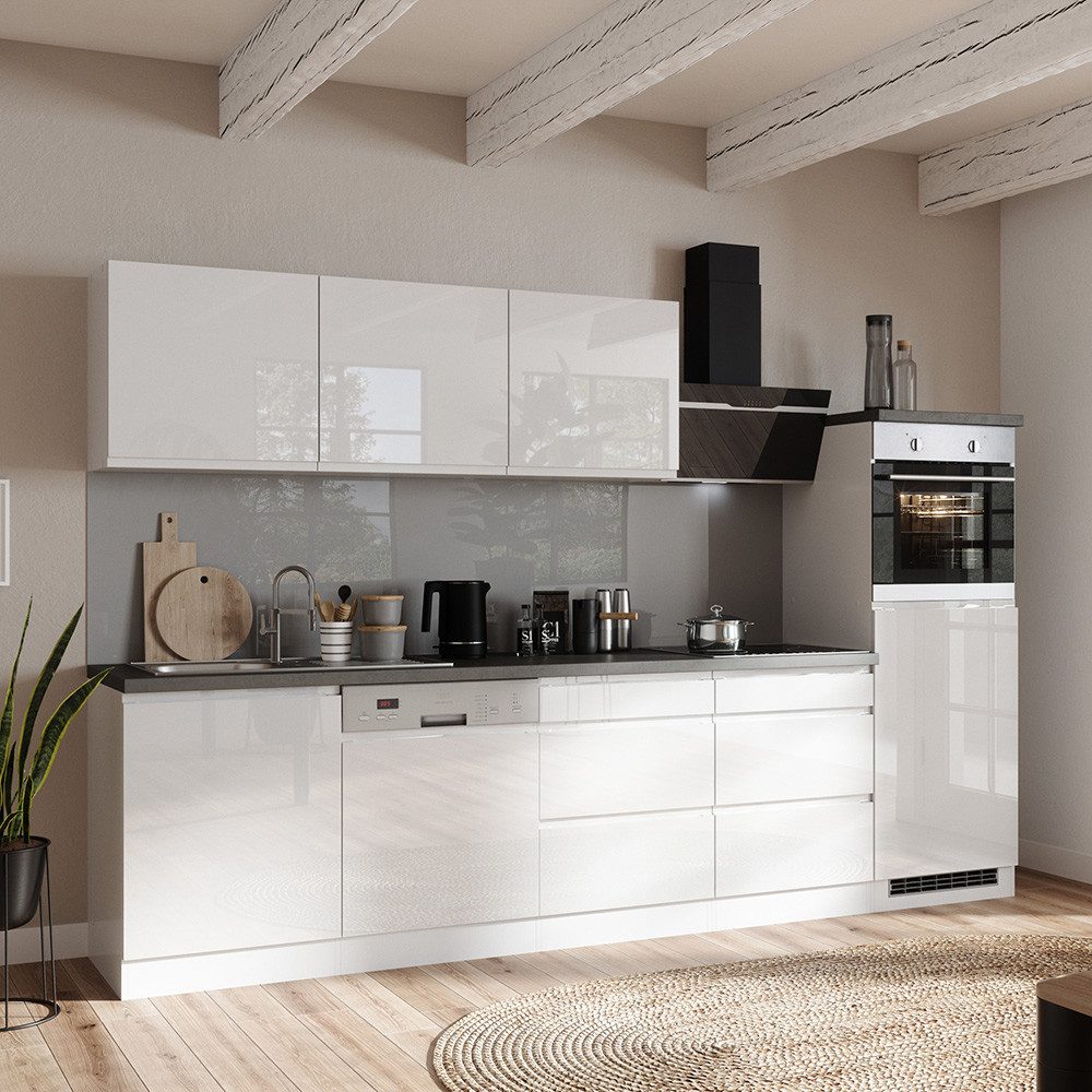 Lomadox Кухніzeile MARSEILLE-03, Fronten Hochglanz weiß, Arbeitsplatte Betonoptik, 300cm, ohne E-Geräte