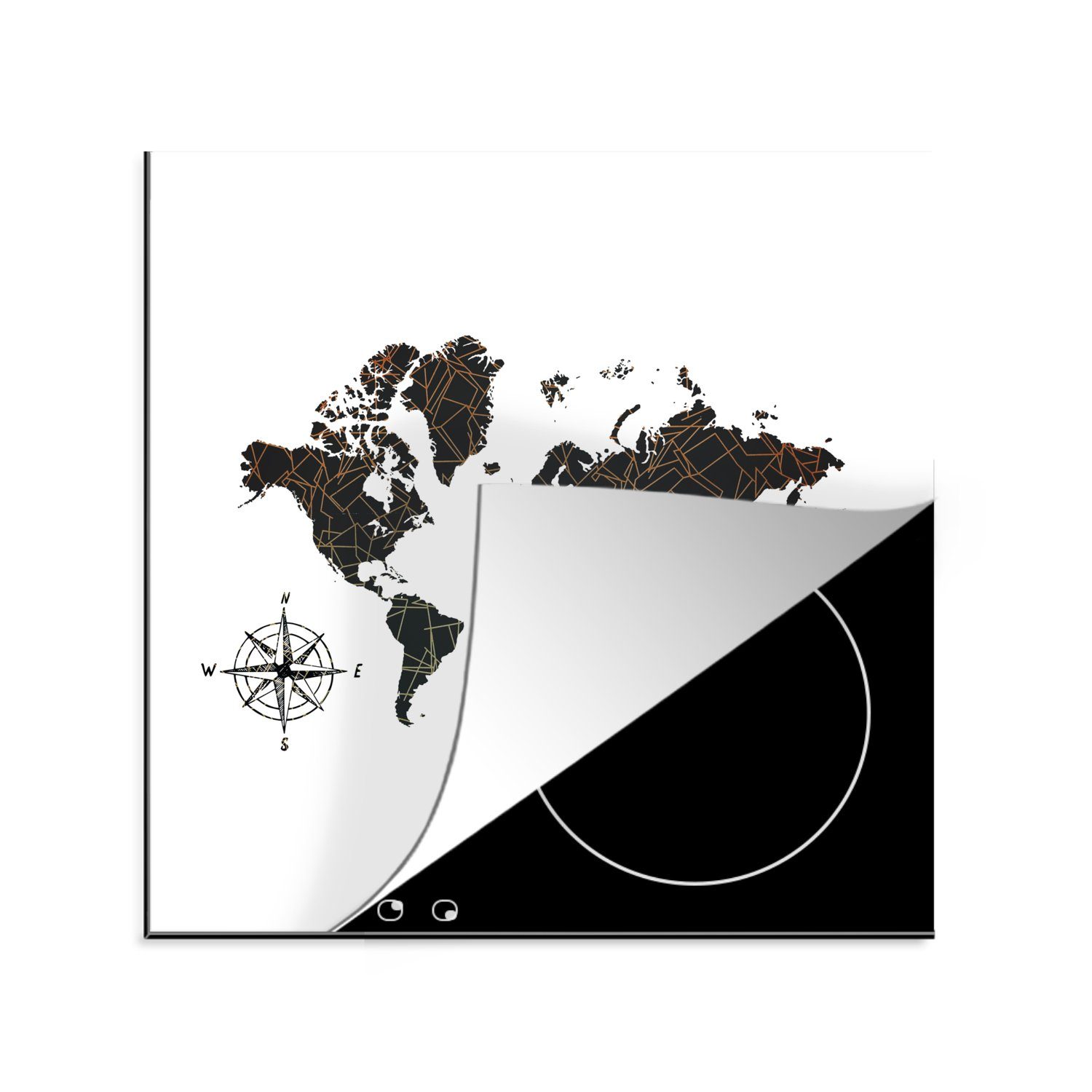 MuchoWow Herdblende-/Abdeckplatte Weltkarte - Schwarz - Kompass, Vinyl, (1 tlg), 78x78 cm, Ceranfeldabdeckung, Arbeitsplatte für küche