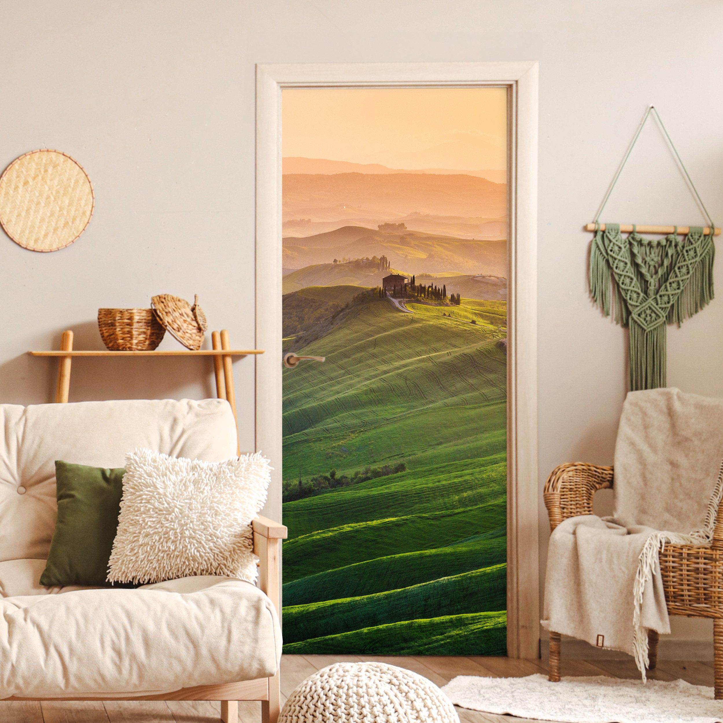 MuchoWow Türtapete Toskana - Landschaft - Hügel, Matt, bedruckt, (1 St), Selbstklebende Tapete, Folie für Möbel, 75x205 cm