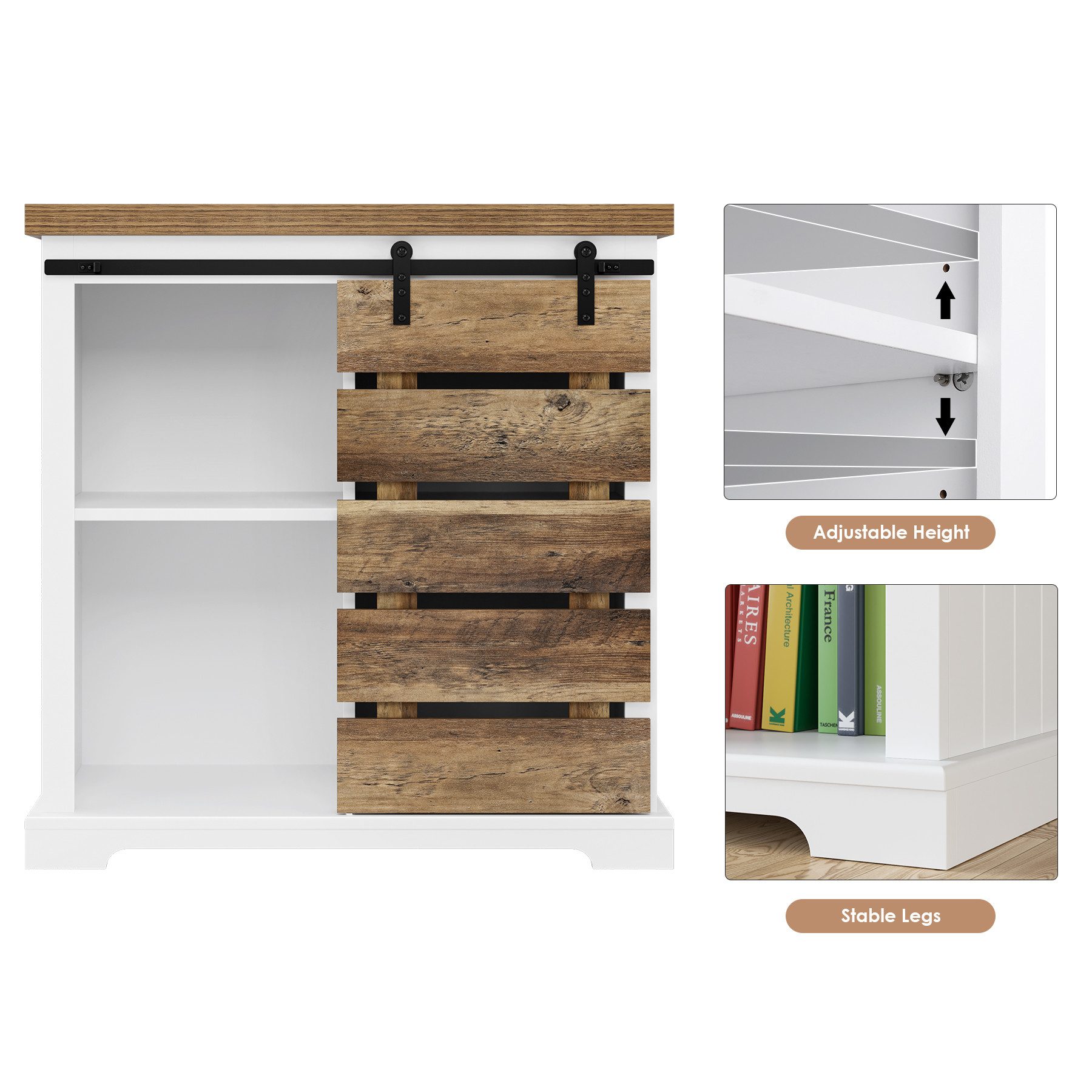 HOMECHO Buffet Küchenschrank mit Schiebetür und Regal Vintagebraun+Weiß