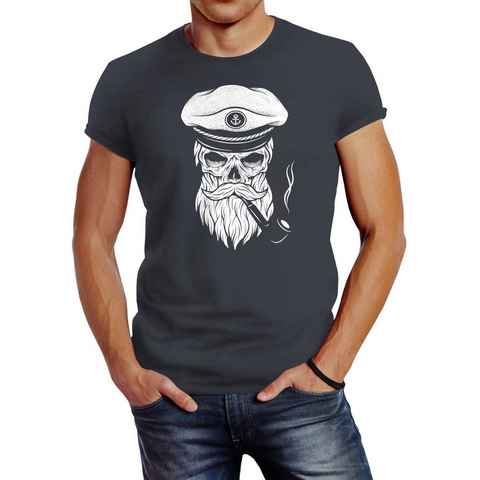 Neverless Print-Shirt Herren T-Shirt Totenkopf Kapitän Captain Skull Hipster Slim Fit mit Print