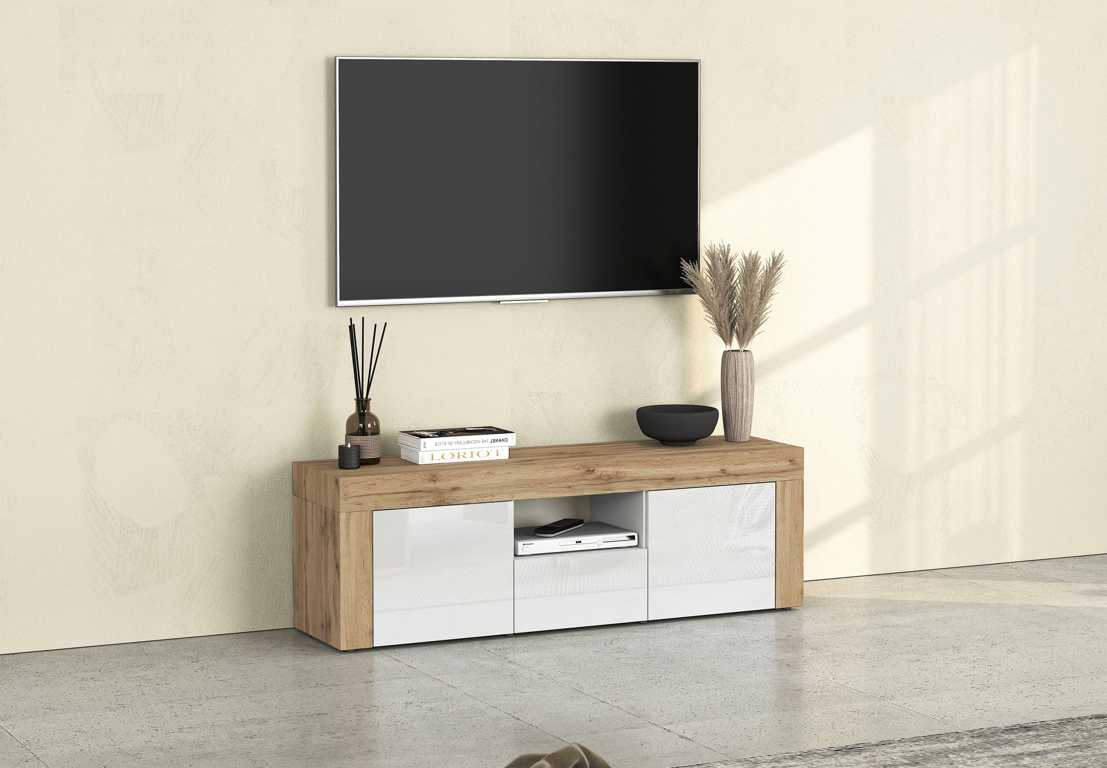 OTTO home Lowboard CHRONOS Breite 155 cm mit 2 Türen, 1 Schublade,1 offenes Fach (1 St), TV-Board, Sideboard niedrig, Grifflos mit Push to Open 'Made in Italy'