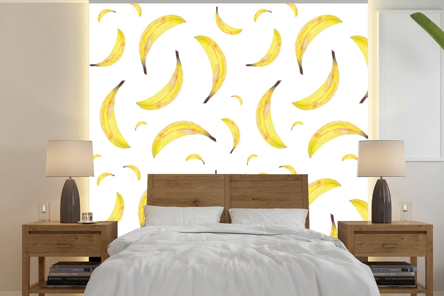MuchoWow Fototapete Bananen - Weiß - Schablonen, Matt, bedruckt, (5 St), Vinyl Tapete für Wohnzimmer oder Schlafzimmer, Wandtapete