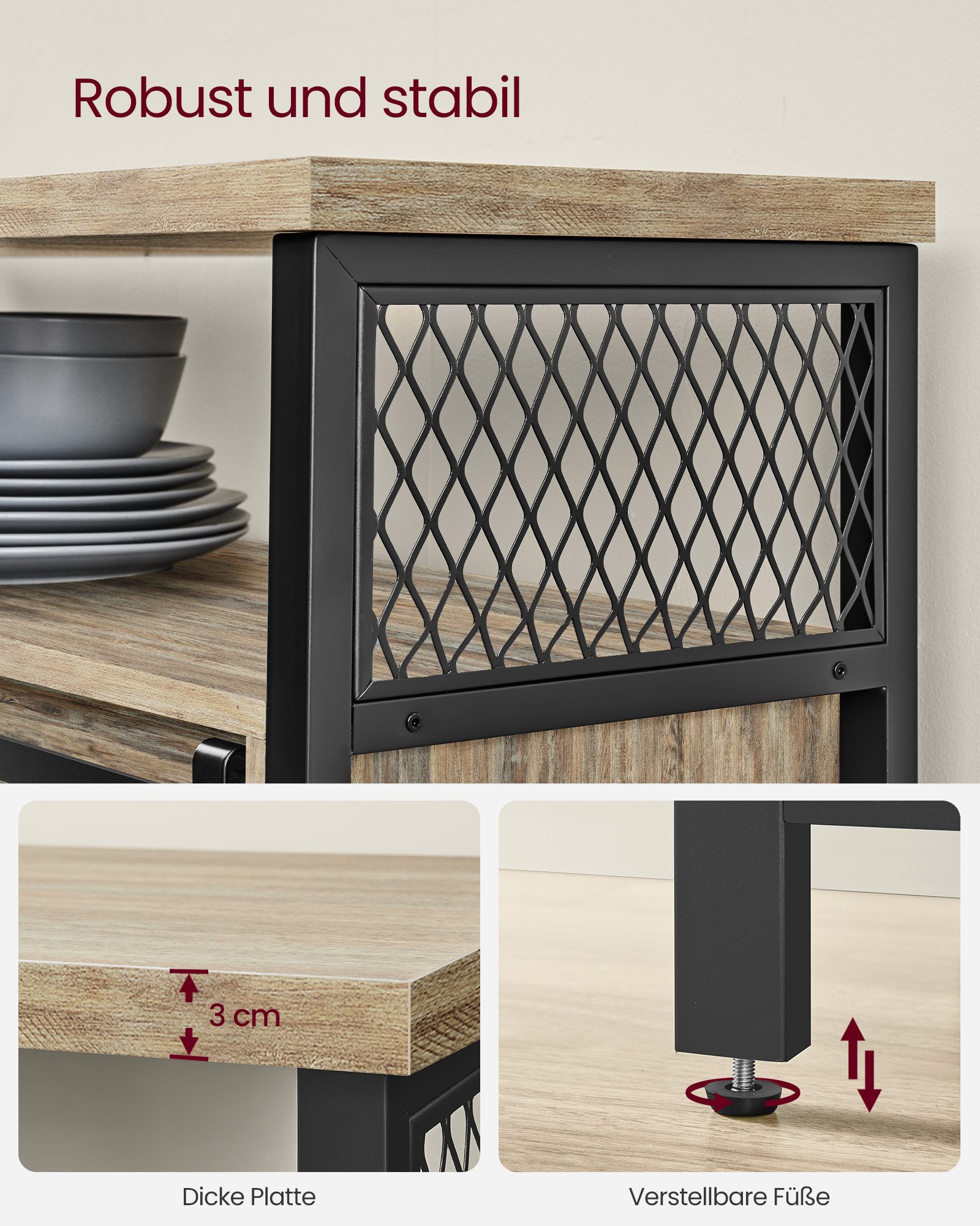 VASAGLE Buffet Sideboard Küchenschrank verstellbare Ablagen 33 x 100 x 80 cm, für Wohnzimmer, Industriestil, mit 2 Schiebetüren – Bild 4 von 5