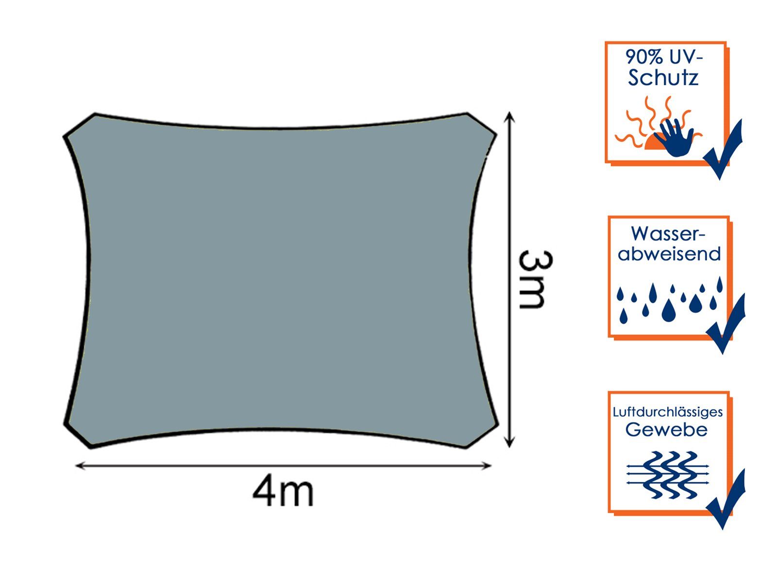 PEREL Sonnensegel, rechteckig 4x3m Viereck Sonnenschutz-Segel Terrassen Balkon & Garten