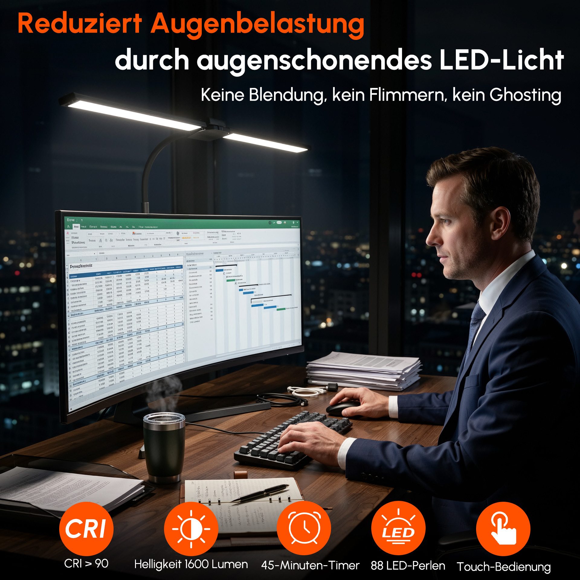 Quntis LED Schreibtischlampe LED Schreibtischlampe Dimmbar Doppelkopf klemmbar für Home Office, LED fest integriert, weißes Licht 5500-6000K warmes Licht 3200-3 – Bild 4 von 5