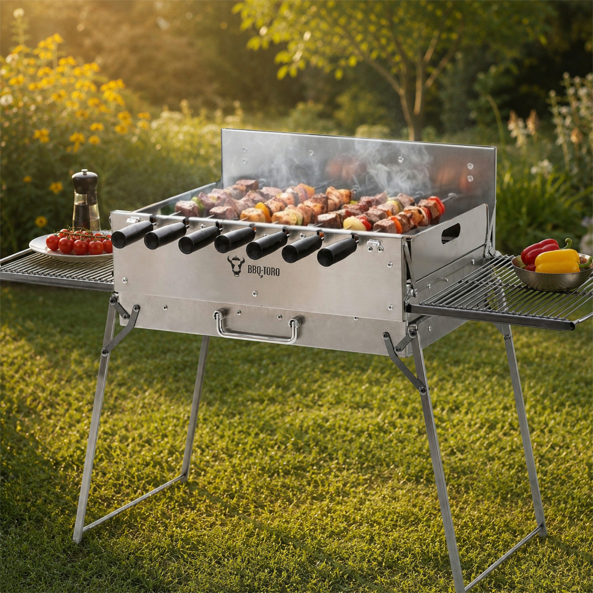 BBQ-Toro Drehspieß Holzkohlegrill mit elektrischem Spießdreher, Edelstahl, klappbar, Alle Zubehörteile im Grill verstaubar