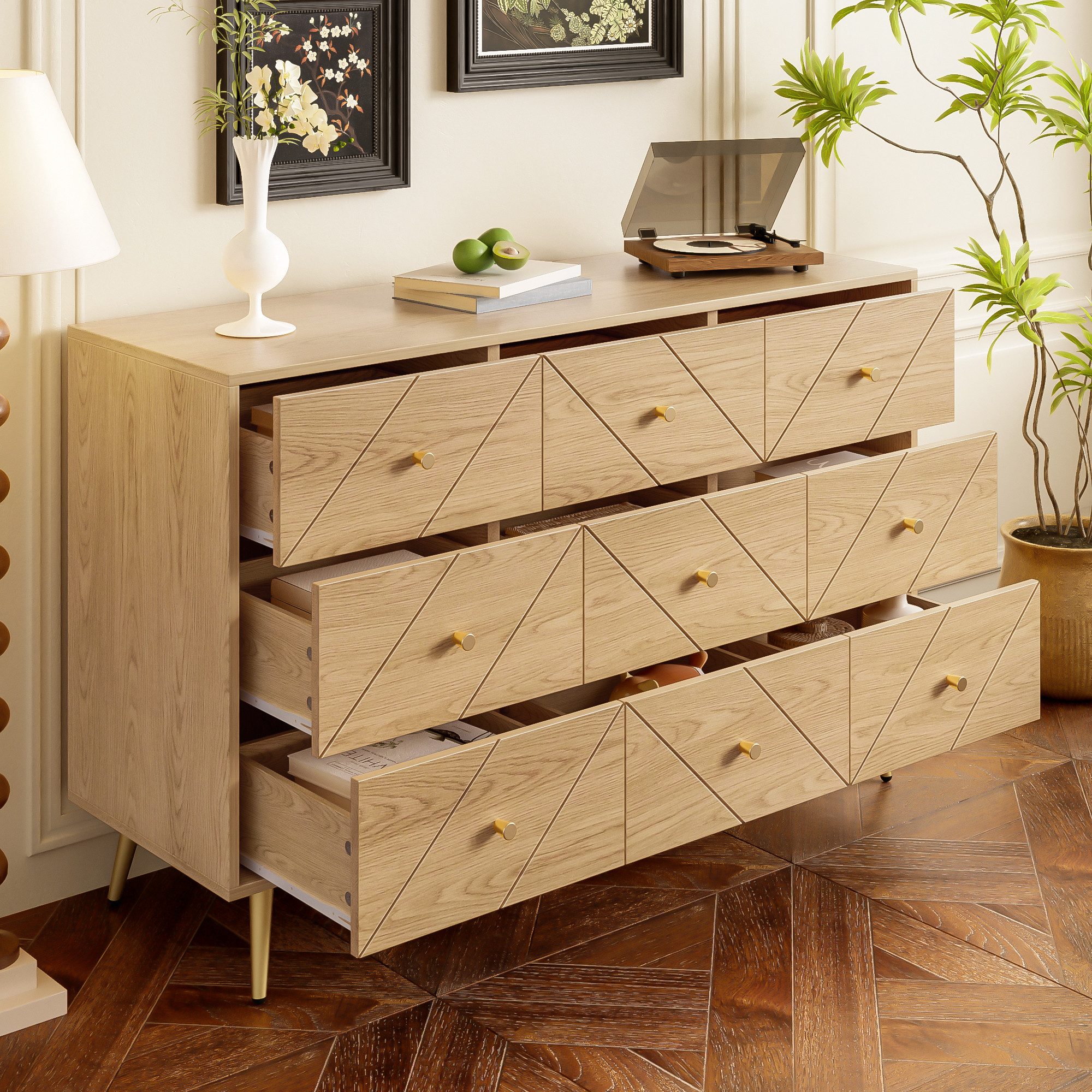 Merax Kommode mit 9 Schubladen und Eisenbeinen (für Schlafzimmer, Wohnzimmer & Flur, 1 St., Buffetschrank Anrichte), Sideboard mit geometrischen Mustern & praktischen Knöpfen, 120x39x80cm