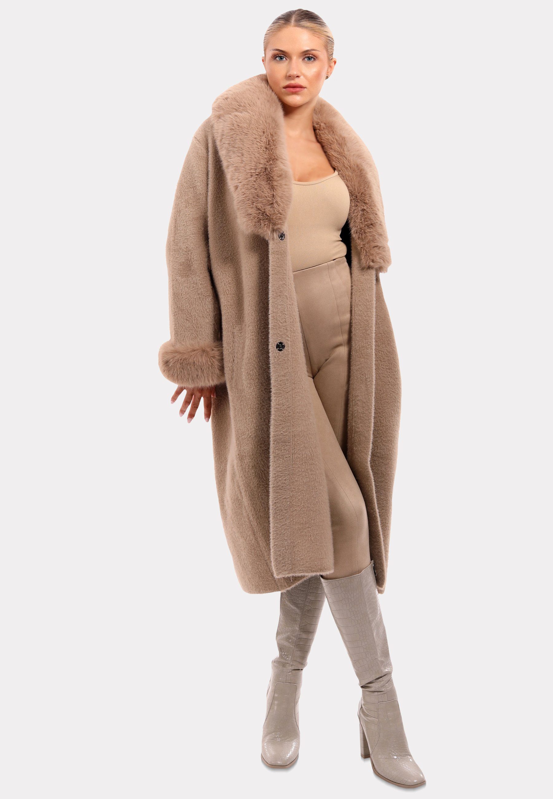 YC Fashion & Style Poncho "Exquisiter Mantel mit luxuriösem Kunstpelz-Details" beige