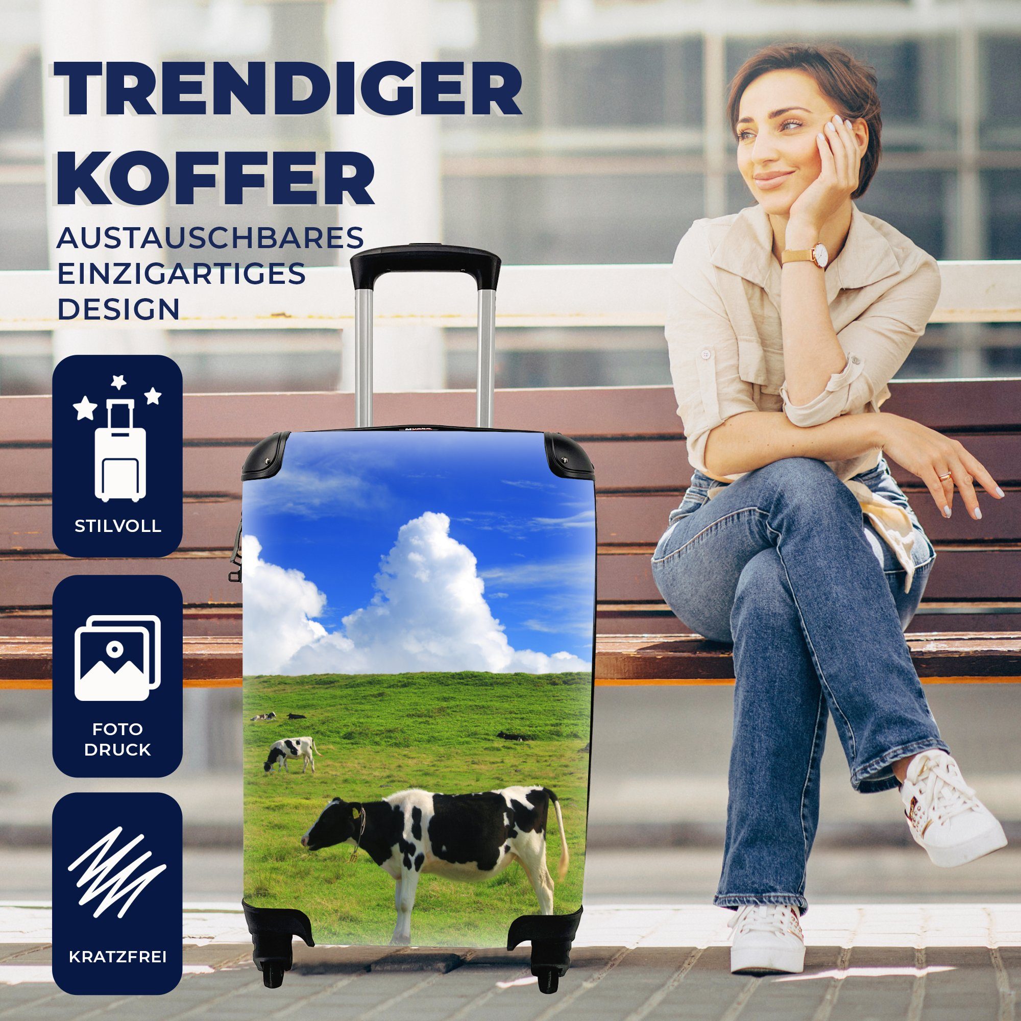 MuchoWow Handgepäckkoffer Kühe - für Trolley, rollen, 4 Reisekoffer - Rollen, Gras, Reisetasche Nutztiere Ferien, mit Handgepäck