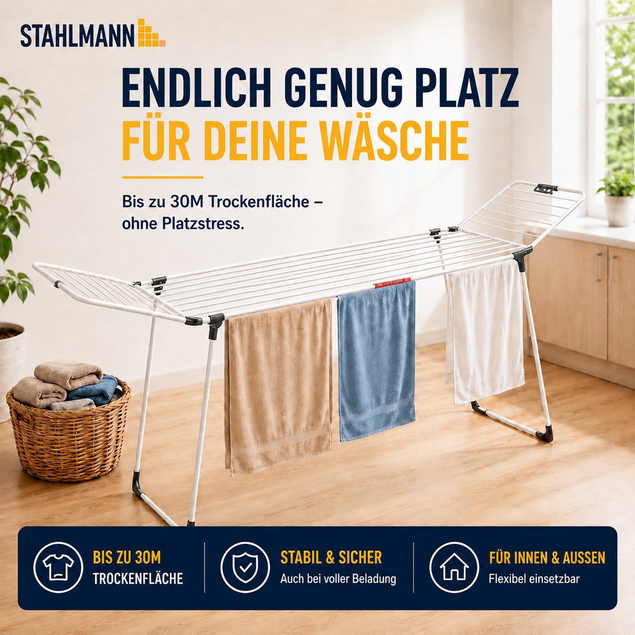 STAHLMANN Wäscheständer ausziehbar Premium XL [30 m Trockenfläche] mit Rollen und Flügel, Made in EU, Sockenhalter, klappbare Seitenflügel, für 3 Wäscheladungen – Bild 4 von 5