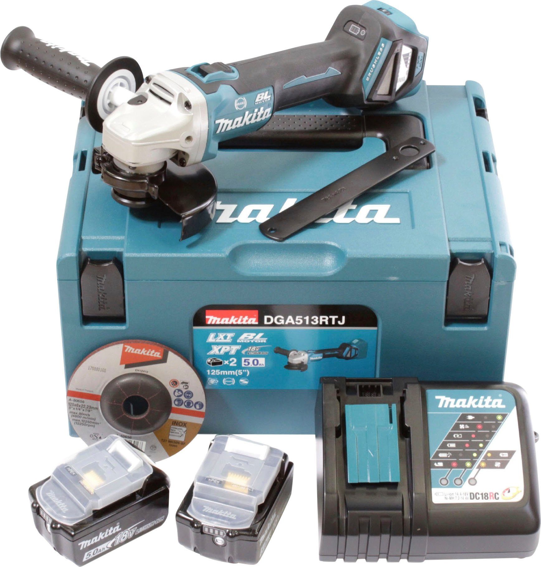 Makita Akku-Winkelschleifer DGA513RTJ, (Set), inkl. Akku, Ladegerät, Aufbewahrungskoffer und weiterem Zubehör