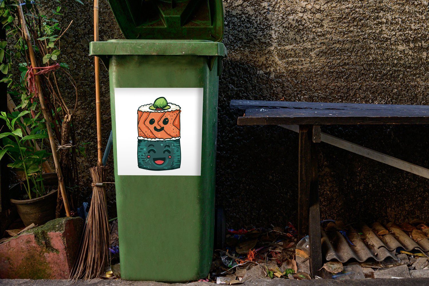 vor (1 Sticker, Abfalbehälter St), Container, Mülltonne, Mülleimer-aufkleber, Wandsticker Hintergrund MuchoWow Sushi-Illustration weißem