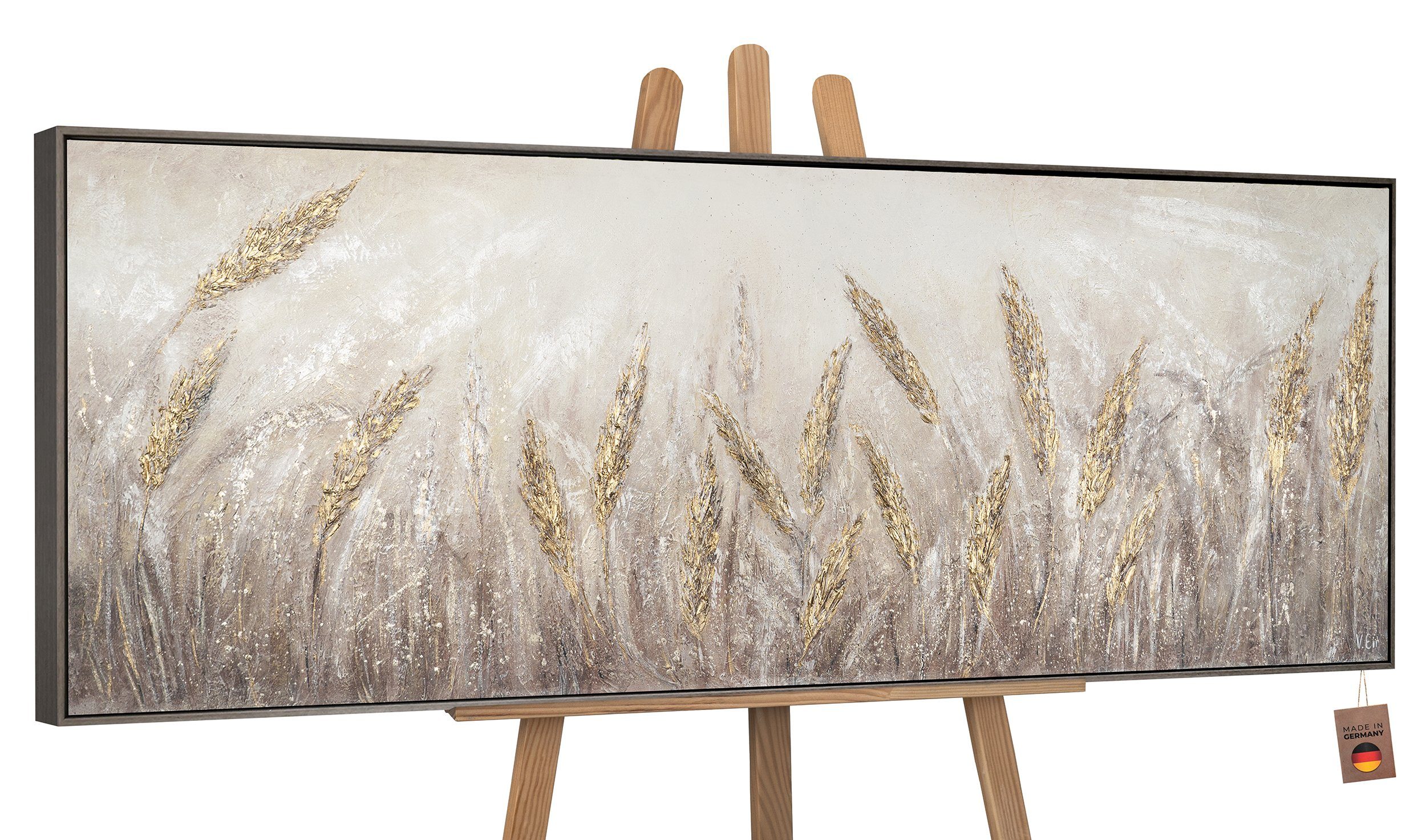 YS-Art Gemälde Dämmerung, Wald, Gold Leinwand Bild Handgemalt Dämmerung Mit Rahmen in Grau