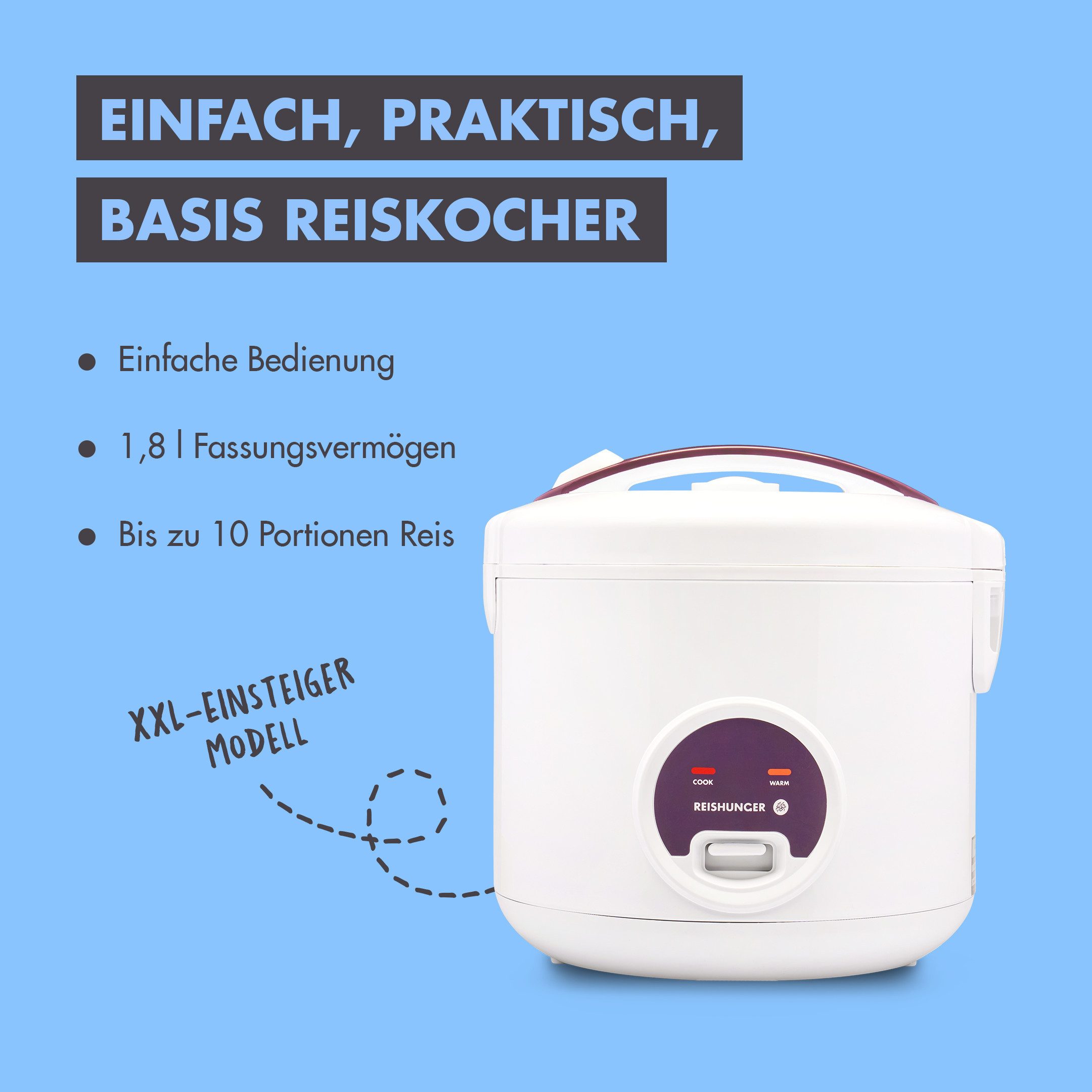 Reishunger Reiskocher großes Basismodell – Mit Keramikbeschichtung – 1,8 L –, 700,00 W, Mit Dampfgarfunktion & Warmhaltefunktion