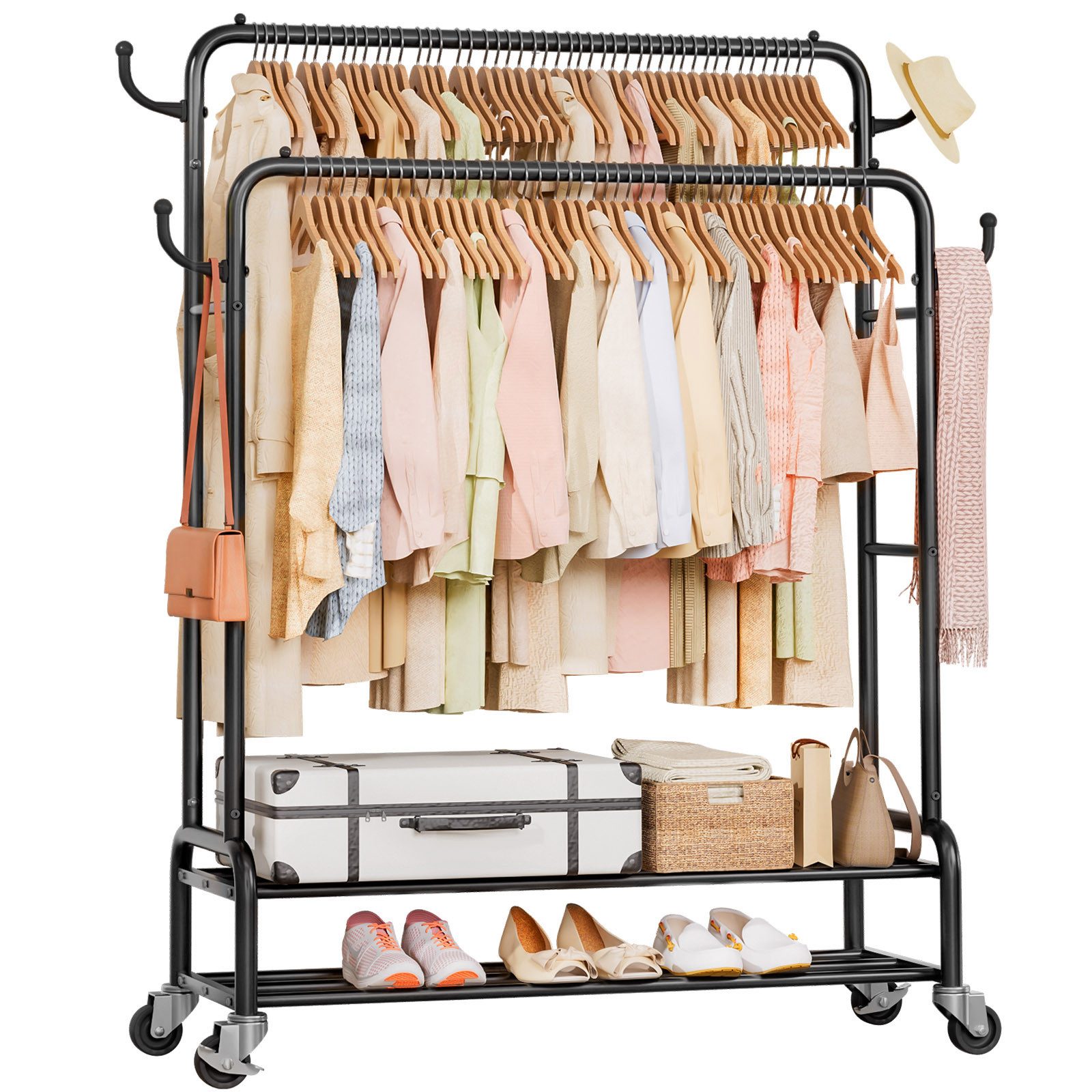 Yorbay Kleiderständer Doppelstange Garderobenständer auf Rollen, mit 2 Ablage, Schwarz, Groß Clothes Rack aus Metall bis 120 kg Belastbar, 126 cm Breit