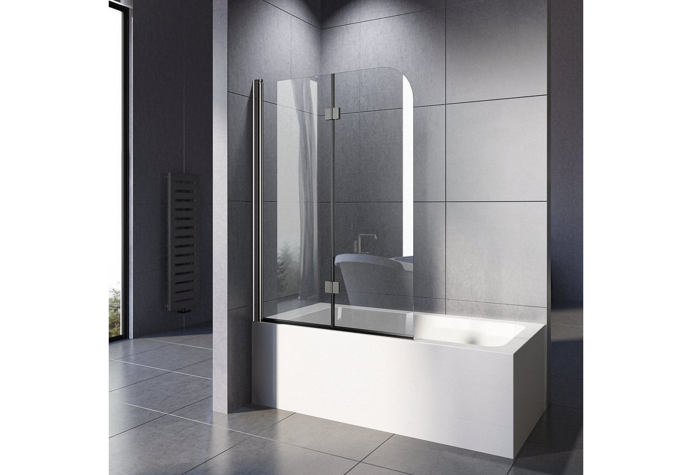 Thumbnail - Boromal Badewannenaufsatz Duschwand für Badewanne 2teilig 120x140 Schwarz / Chrom Duschtrennwand, (Klarglas /Teilsatinie...