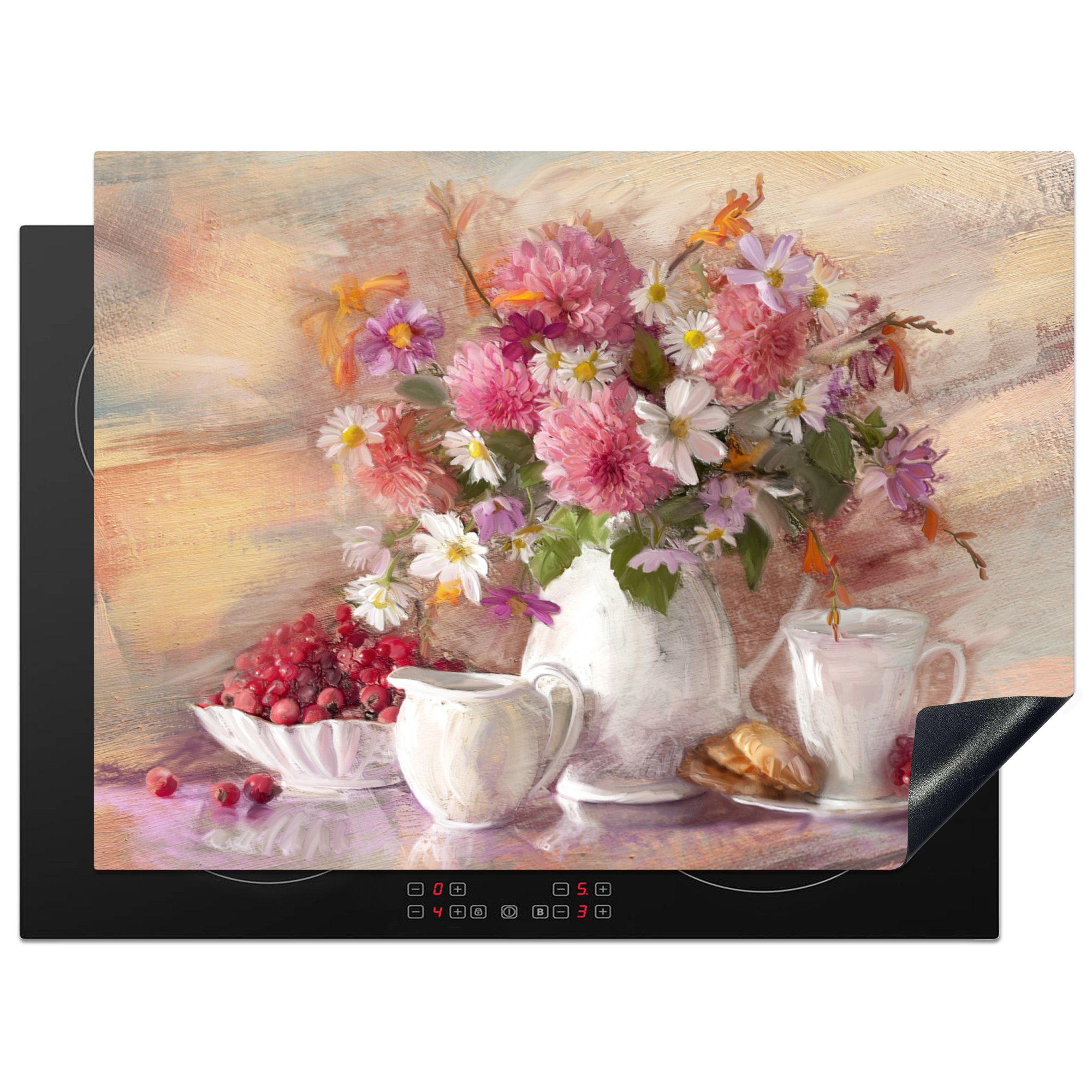 nutzbar, Ceranfeldabdeckung (1 Gemälde Mobile - - 70x52 Arbeitsfläche Blumen MuchoWow cm, Ölfarbe, Vase - Vinyl, Herdblende-/Abdeckplatte tlg),