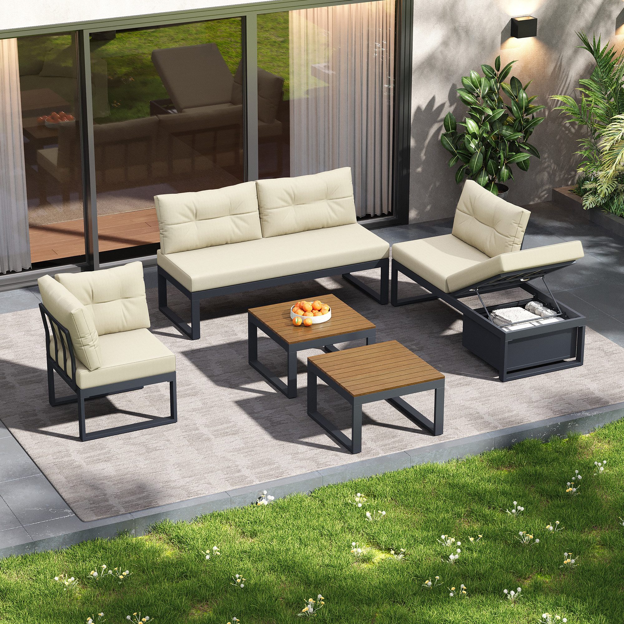 Celya Gartenlounge-Set Mehrzweck-Gartenmöbelset mit 3-stufig verstellbarer Rückenlehne, (Lounge-Set, mit dicken Komfortpolstern, für Terrasse, Balkon und Garten, Beige), mit Liegefunktion, Stauraum und wetterfester Polyesterbezug