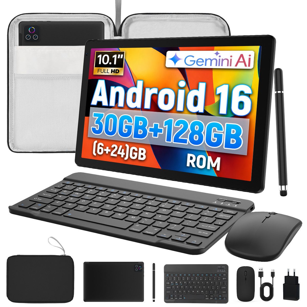 Happybe 10 Zoll Android 16, 30(6+24)GB RAM+128GB ROM, mit Tastatur & Tasche Tablet (10,1", 128 GB, Android)