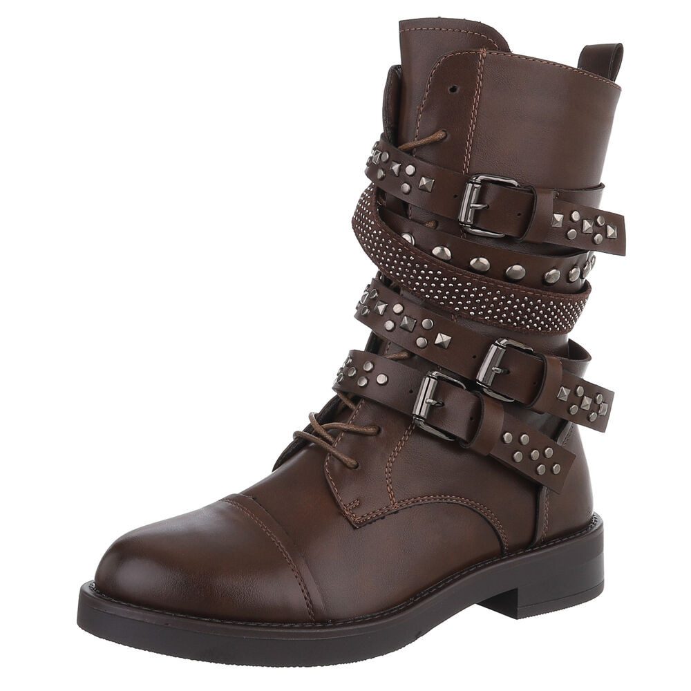 Ital-Design Rockige Boots mit Schnallen und Nieten für Damen Stiefelette (90153066) Blockabsatz Schnürstiefeletten in Braun
