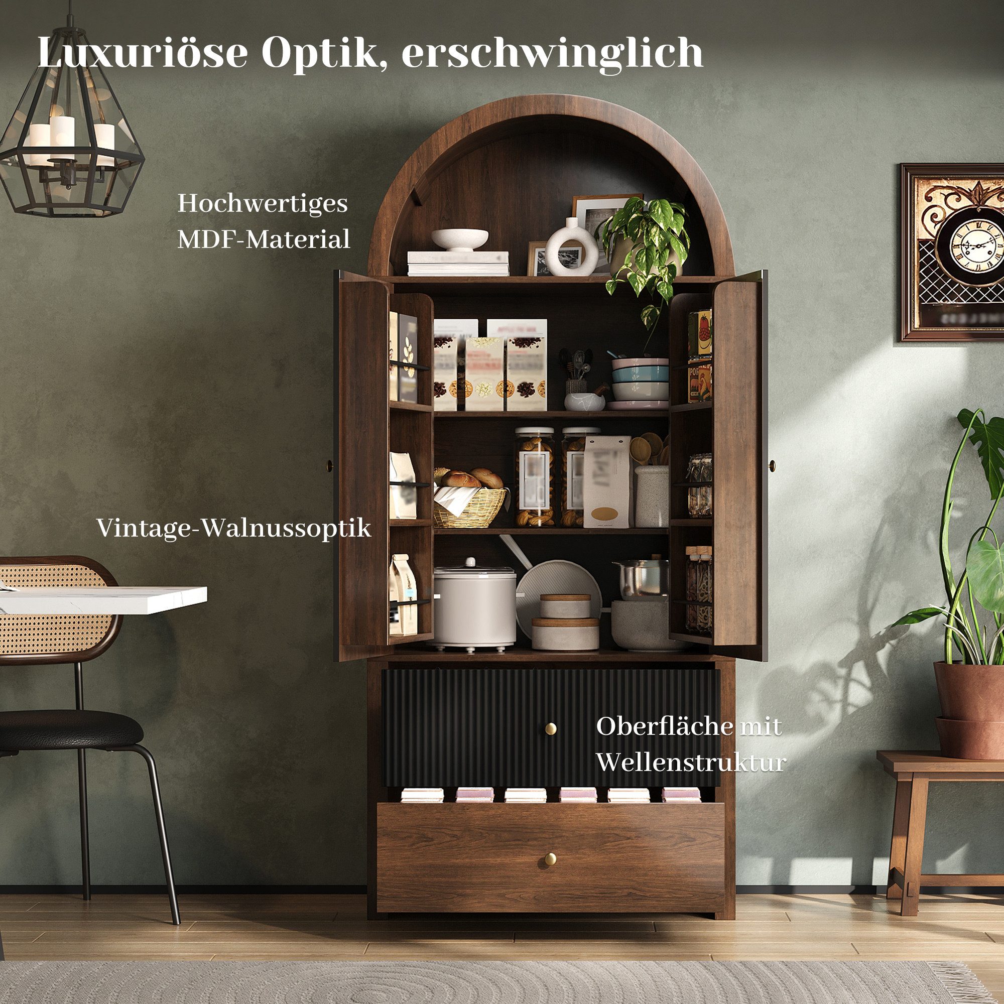 Celya Hochschrank Bogenschrank, Küchenschrank, Weinschrank mit Türablagen (mit 3 Einlegeböden, offenem Oberfach und 2 Schubladen) für Küche, Esszimmer,Wohnzimmer,Schlafzimmer